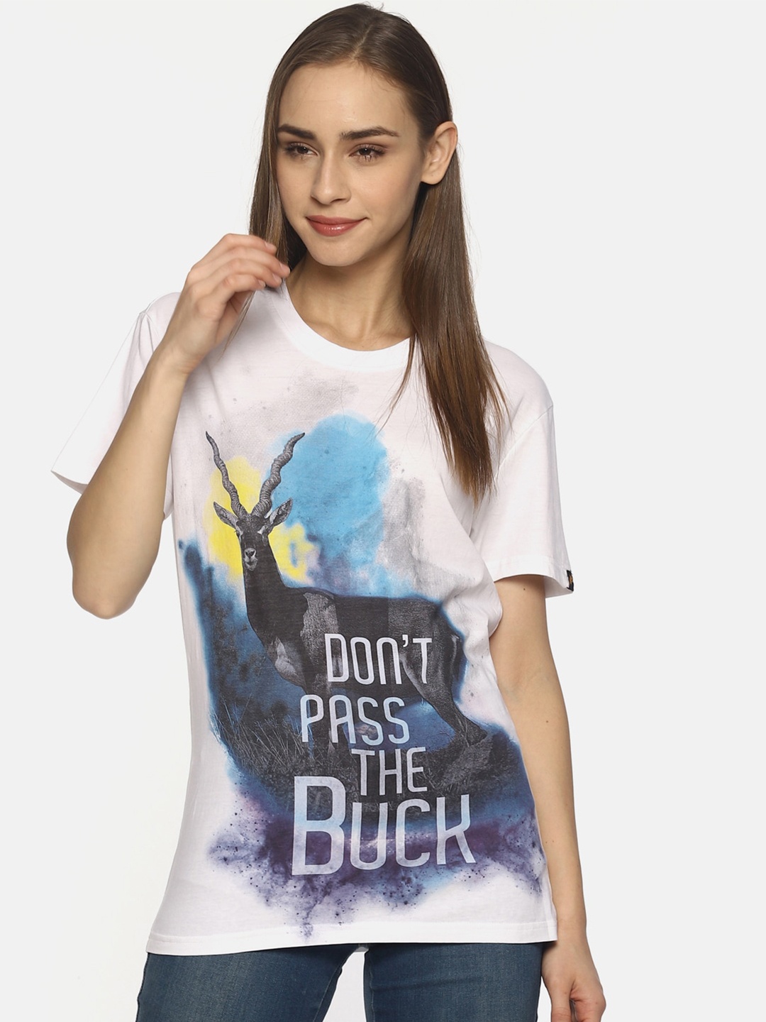 

Wolfpack Women White Dont Pass the Buck Printed Cotton Round Neck Pure Cotton T-shirt