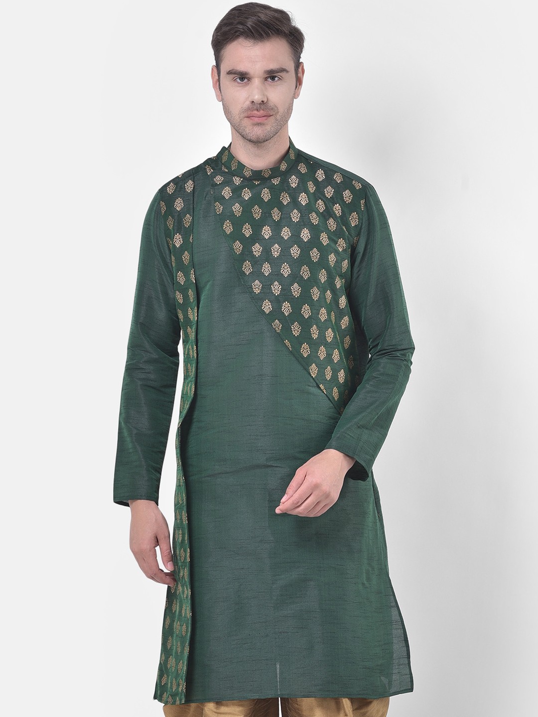 

DEYANN Men Green & Golden Regular Sleeves Foil Print Kurta
