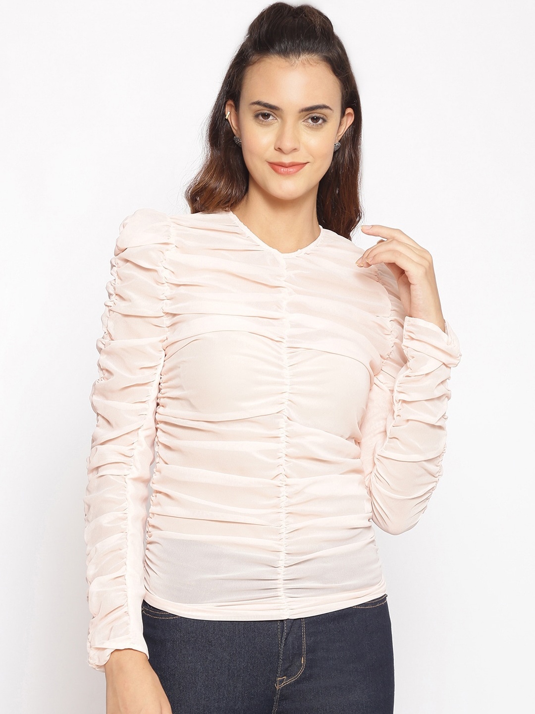Oxolloxo Off White V-Neck Pleated Regular Top