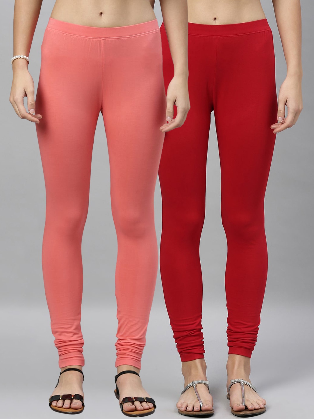 

Kryptic Women Pack of 2 Solid Churidar-Length Leggings, Peach