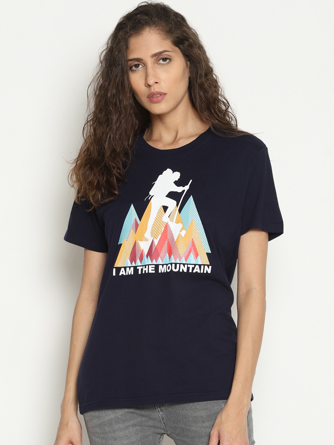 

Wolfpack Women Navy Blue I Am Mountain Printed Round Neck Pure Cotton T-shirt