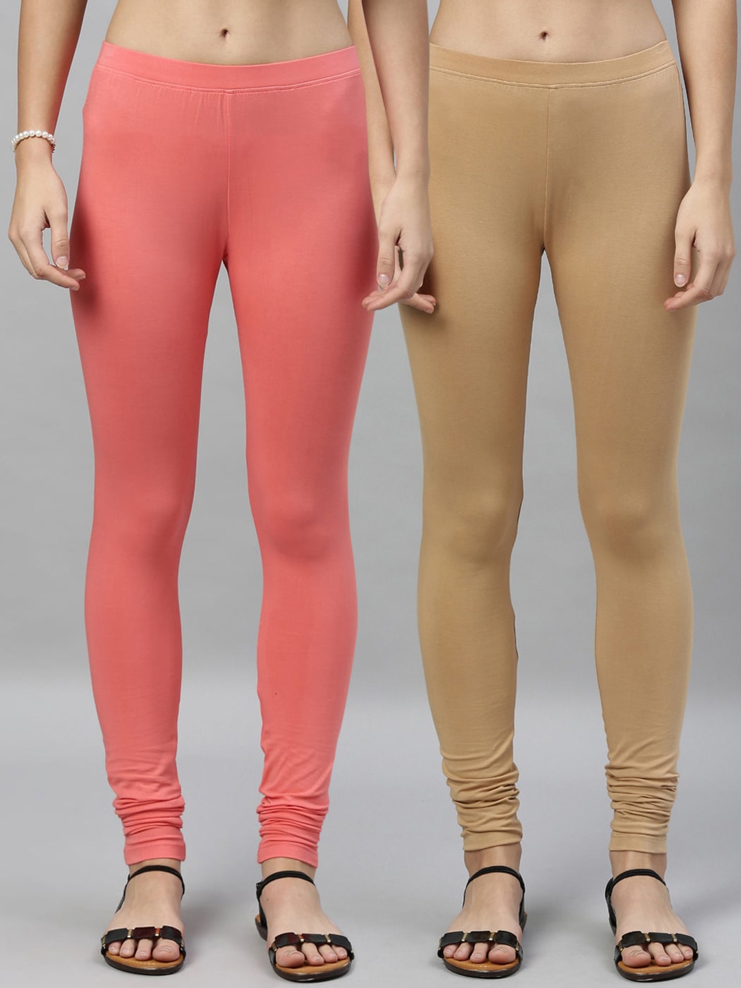 

Kryptic Women Pack of 2 Solid Churidar-Length Leggings, Beige