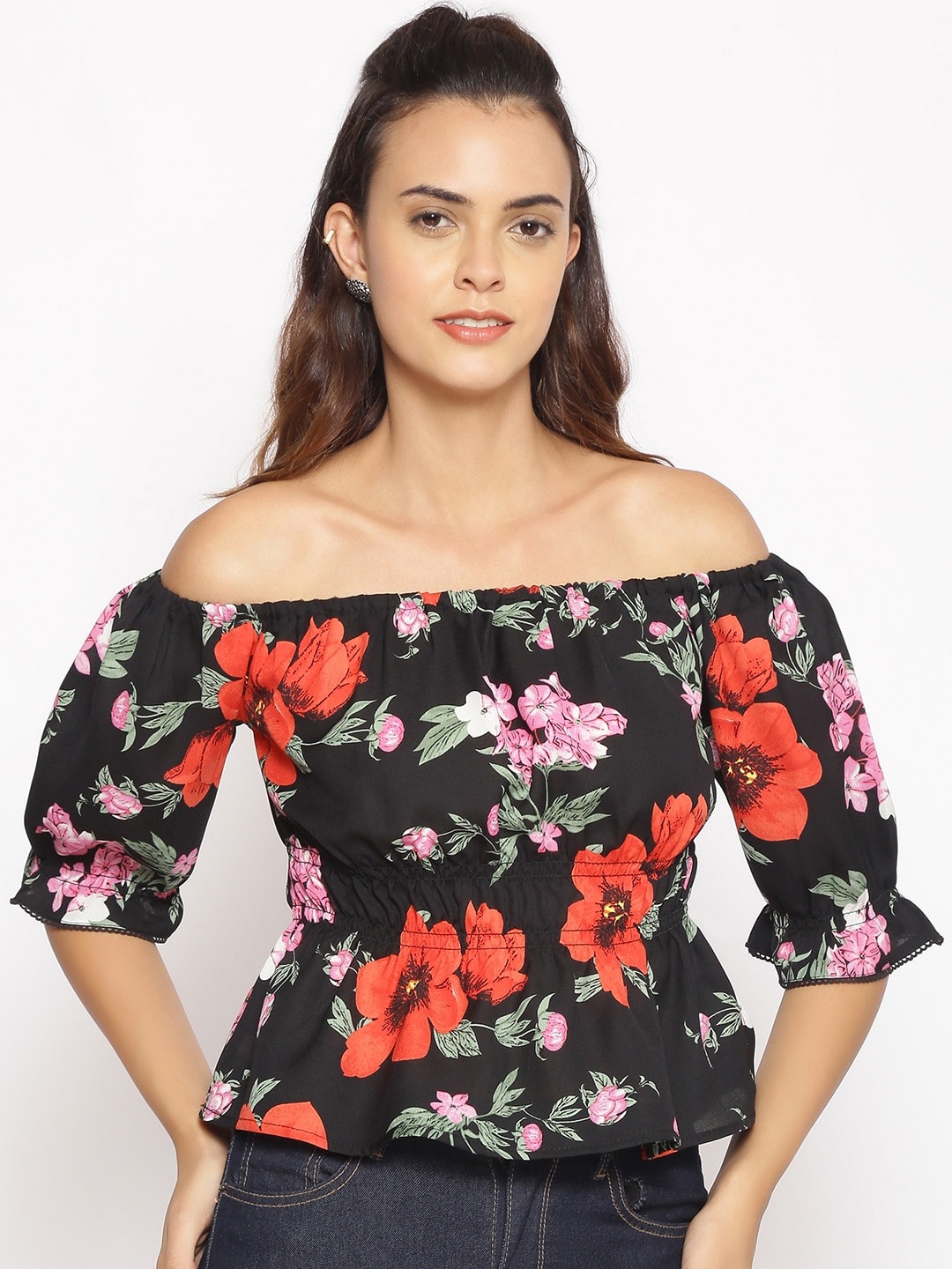 

Oxolloxo Black & Orange Floral Printed Off-Shoulder Bardot Top