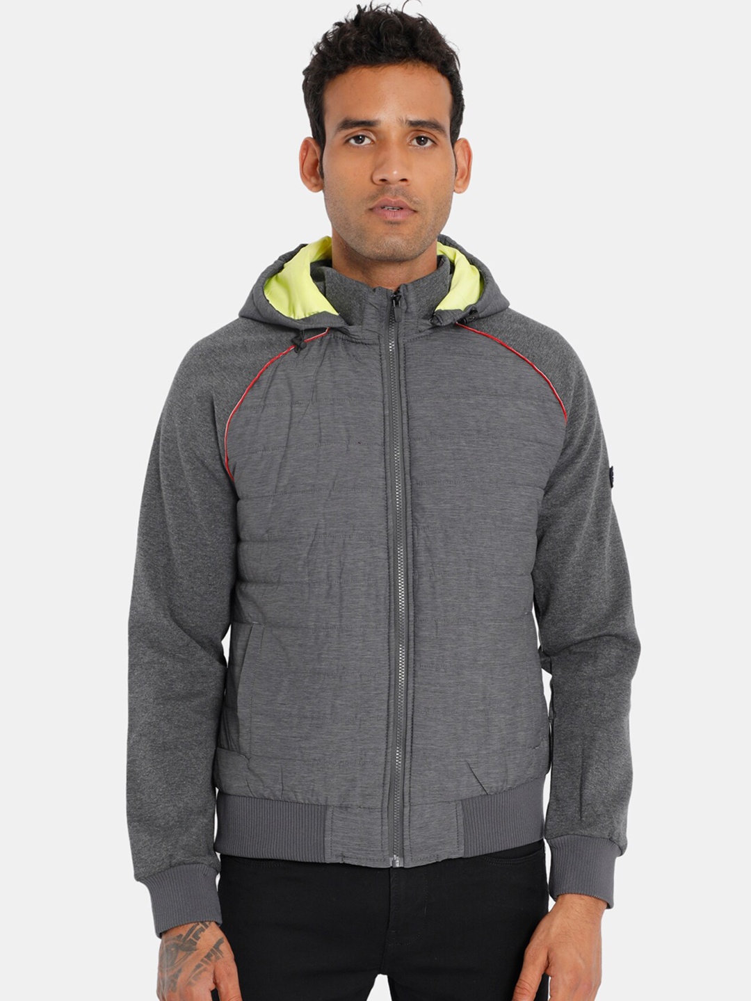 

Arrow Sport Men Grey Colourblocked Detachable Hood Bomber Jacket