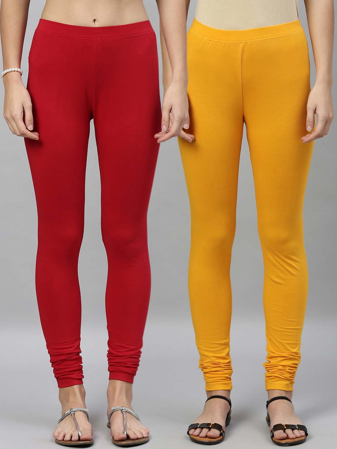 

Kryptic Women Pack of 2 Solid Churidar-Length Leggings, Yellow