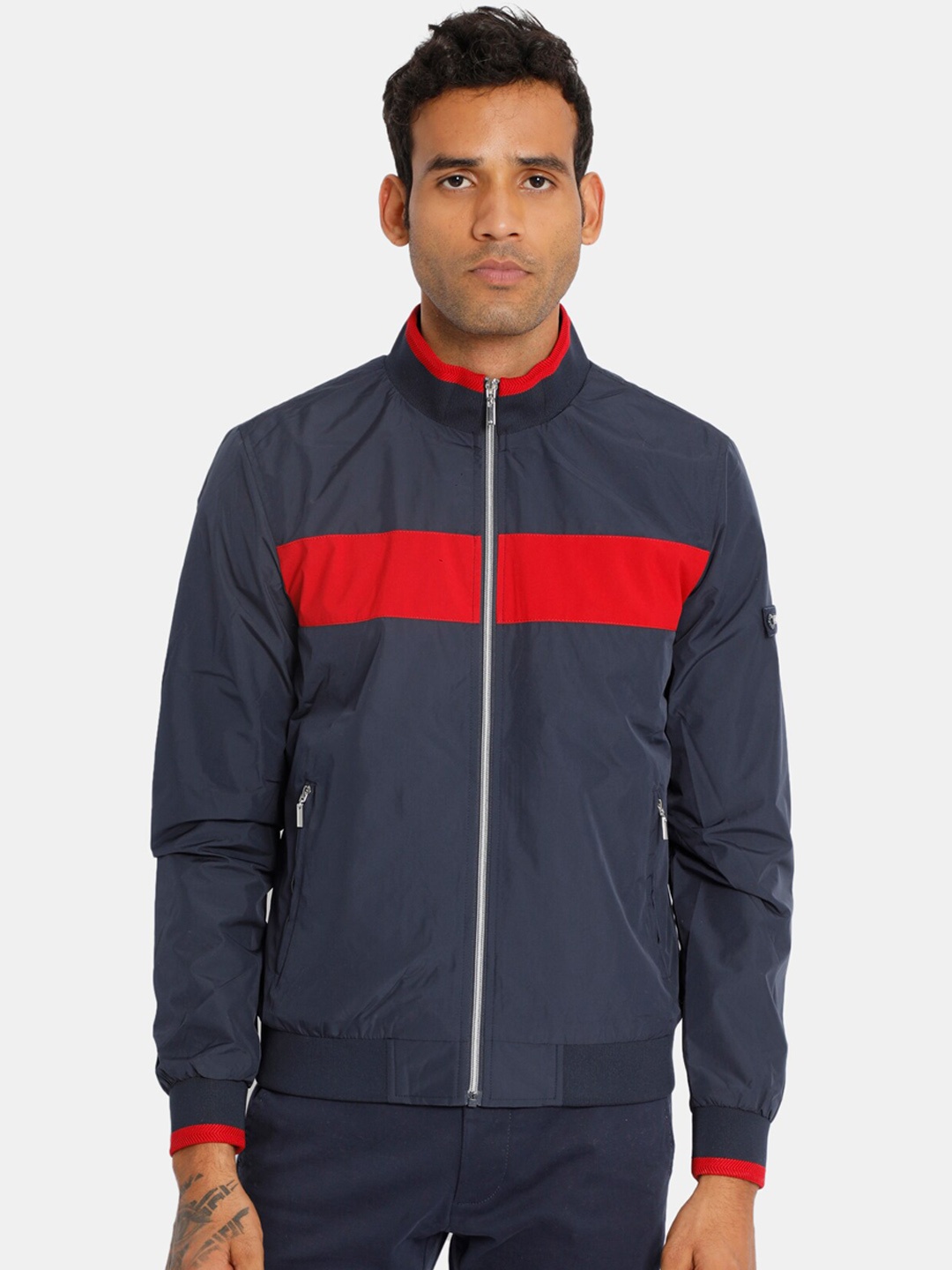 

Arrow Sport Men Blue Striped Stand Collar Bomber Jacket