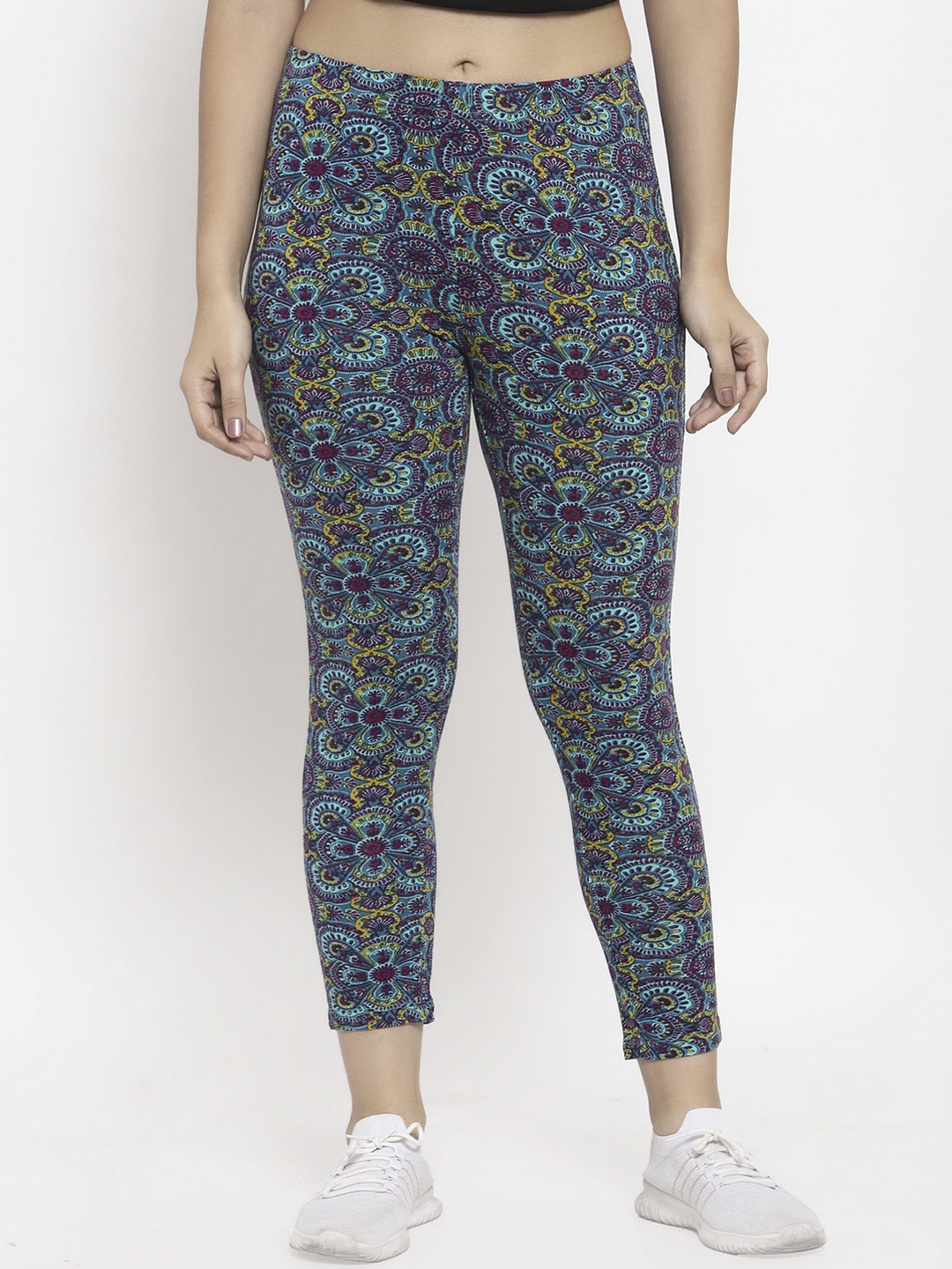 

Wolfpack Women Blue & Yellow Floral Printed Cotton Ankle-Length Leggings