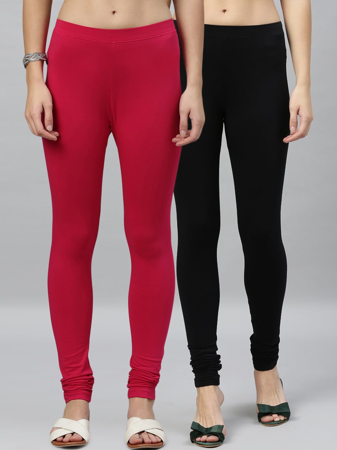 

Kryptic Women Pack of 2 Solid Churidar-Length Leggings, Black