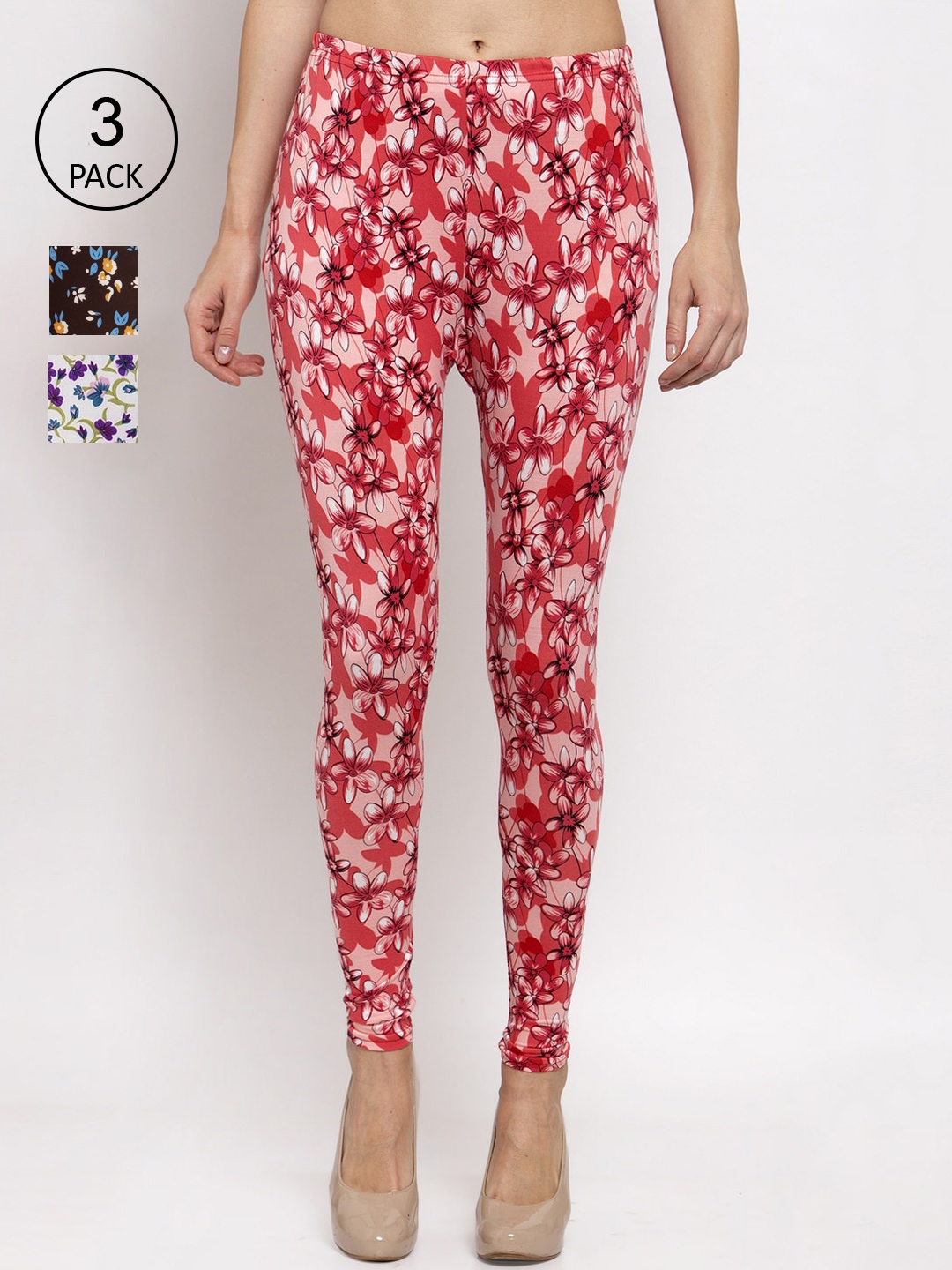 

KLOTTHE Women Pack Of 3 Floral Printed Churidar Length Leggings, White