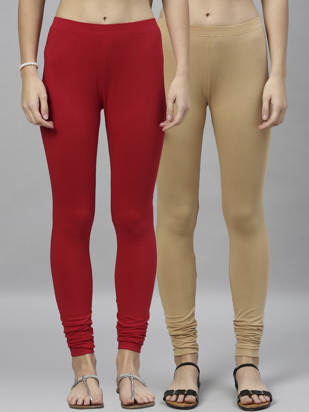

Kryptic Women Pack of 2 Solid Churidar-Length Leggings, Beige
