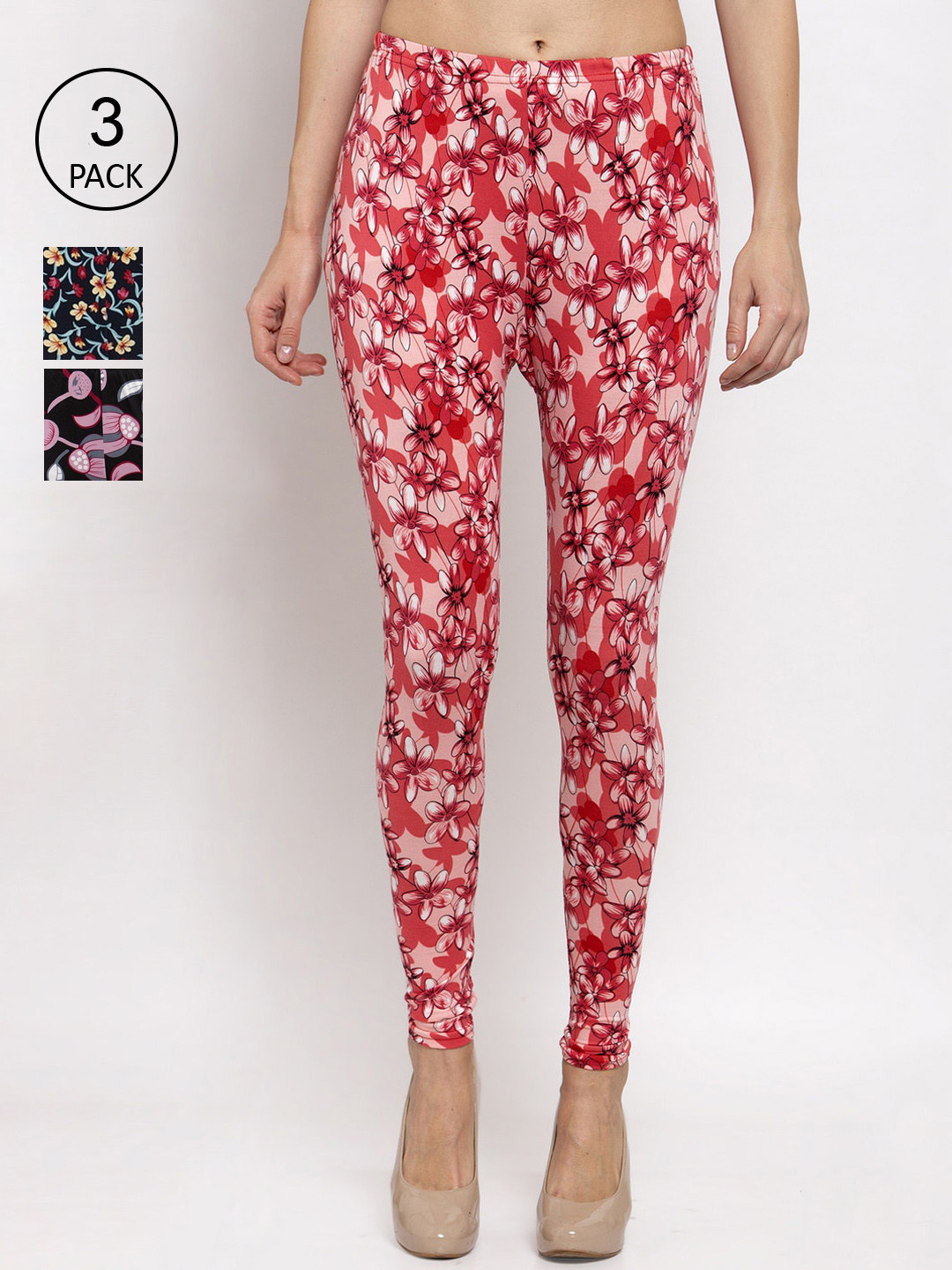 

KLOTTHE Women Pack Of 3 Printed Ankle-Length Leggings, Red