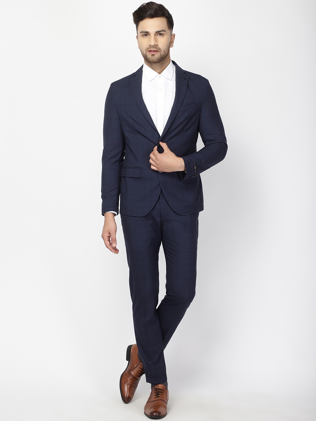 

Blackberrys Men Navy Blue Solid Single Breasted Super Slim Fit Suits