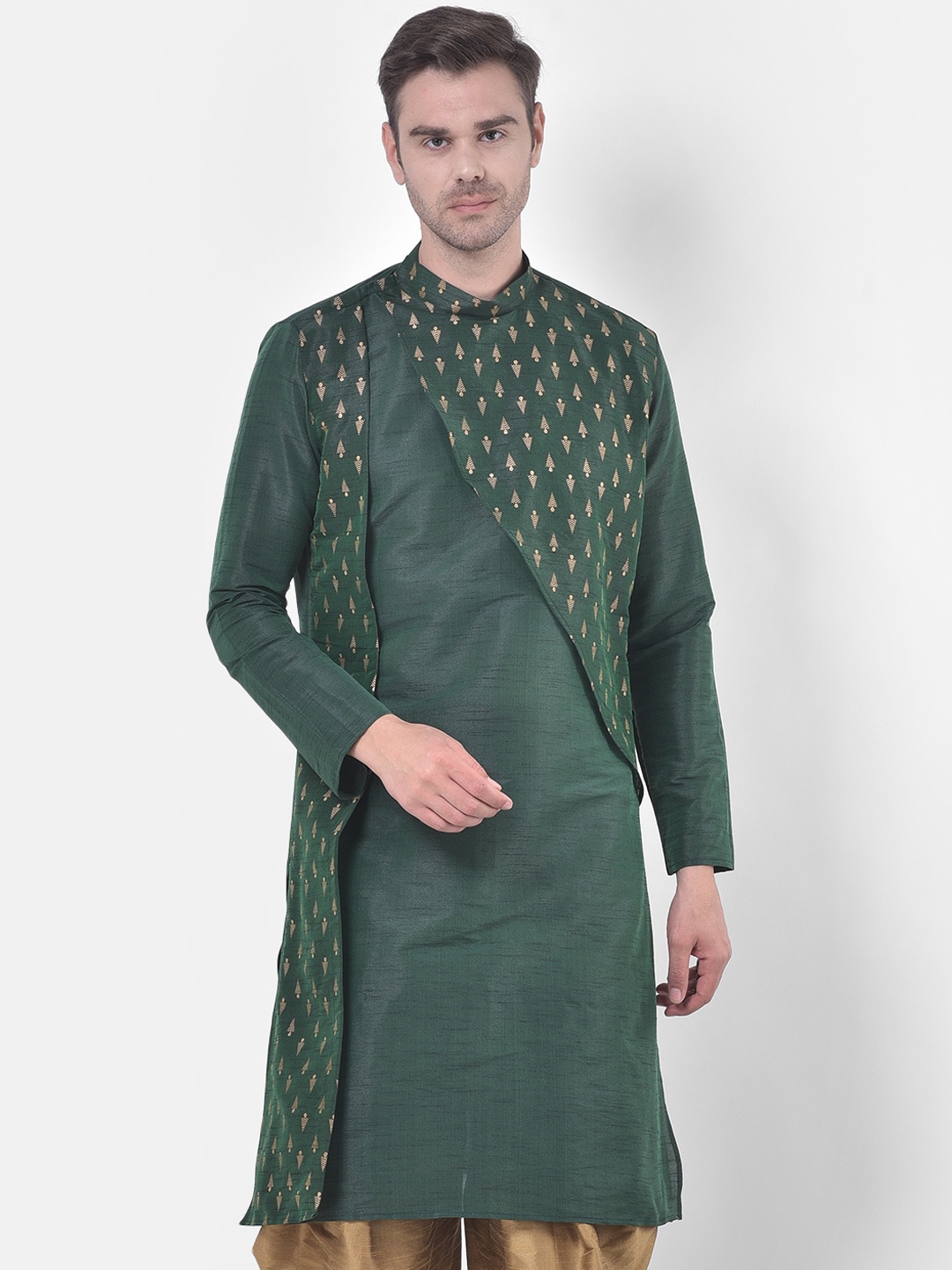 DEYANN Men Green & Gold-Coloured Geometric Printed Kurta