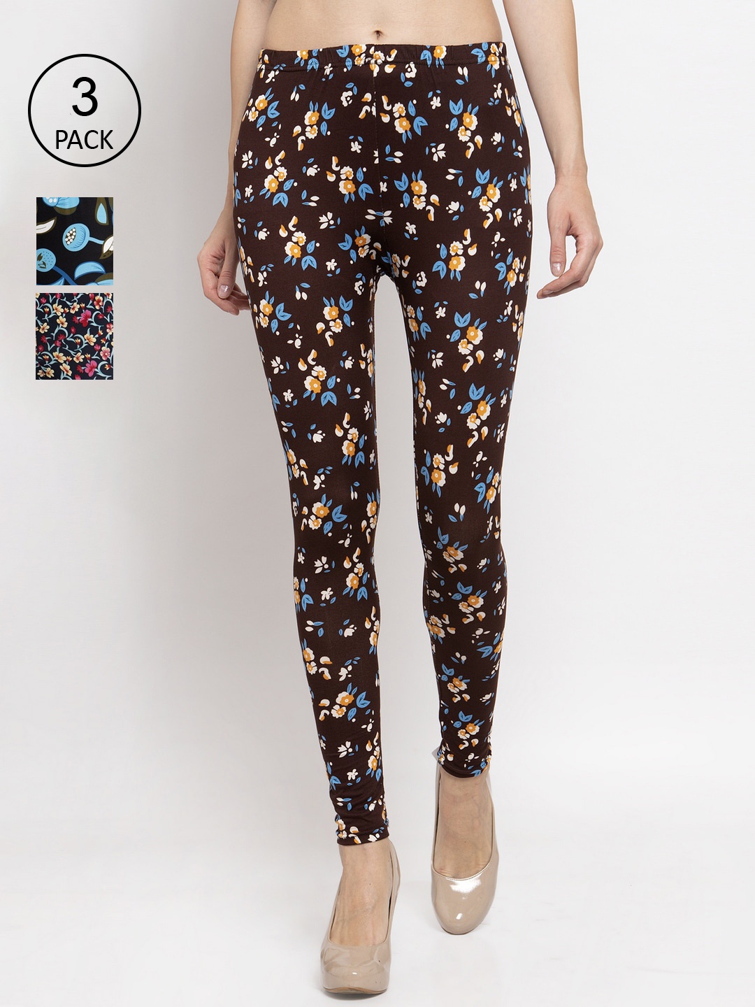 

KLOTTHE Women Pack Of 3 Floral Printed Churidar Length Leggings, Black