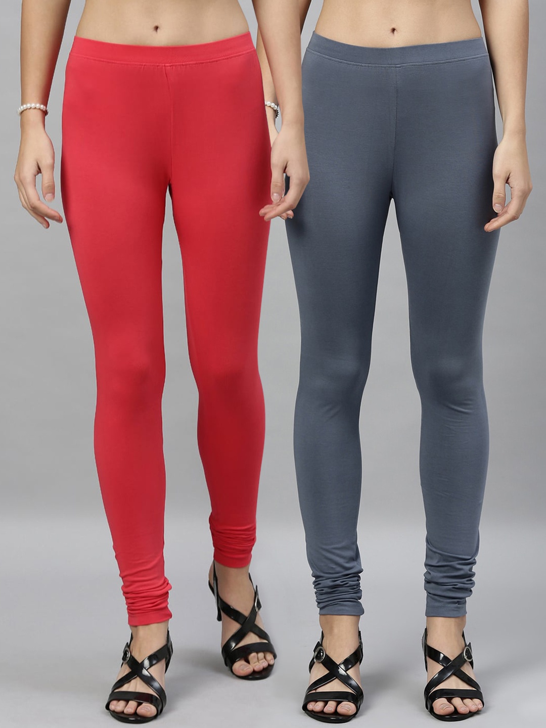 

Kryptic Women Pack of 2 Solid Churidar-Length Leggings, Coral