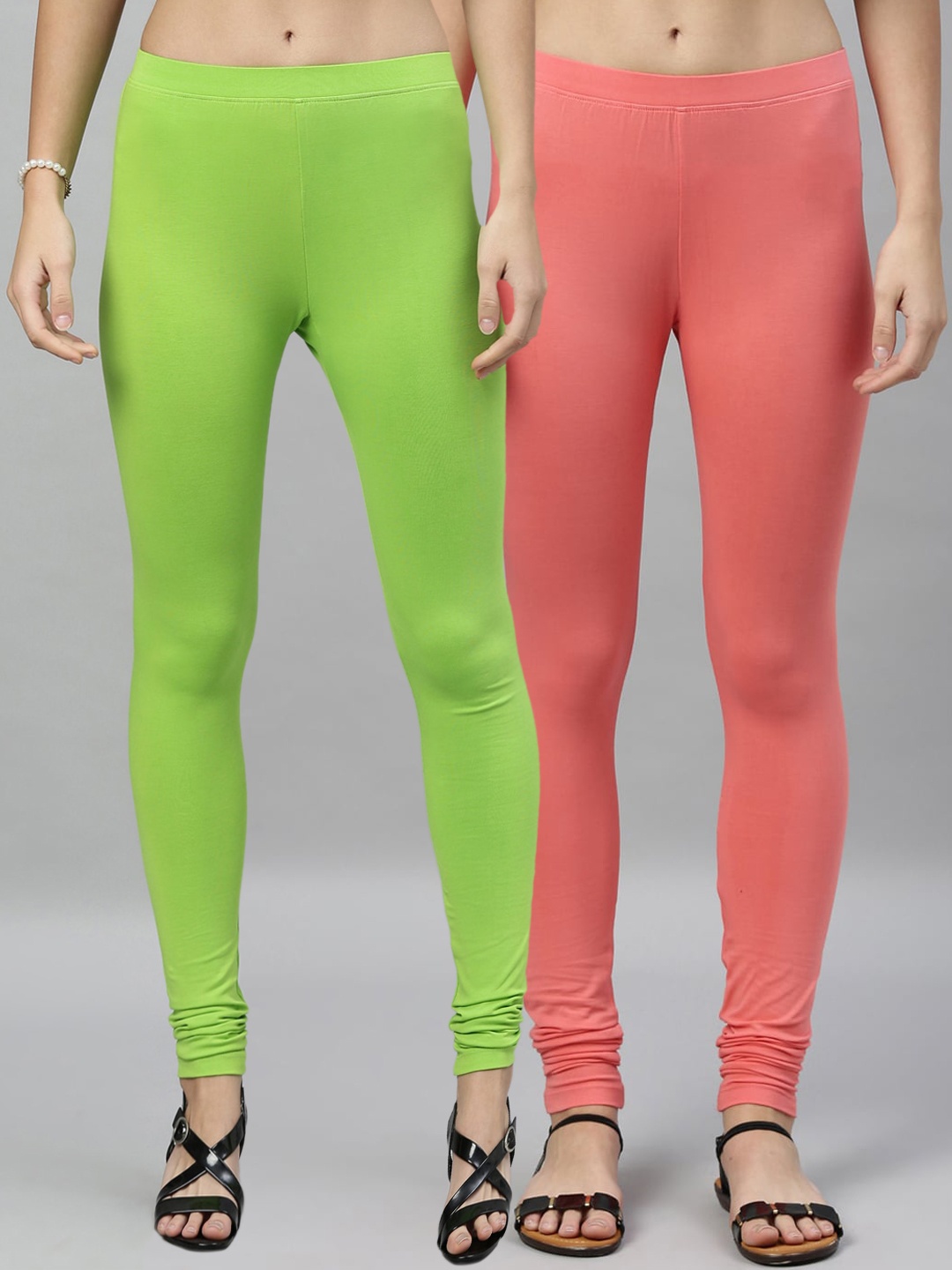 

Kryptic Women Pack of 2 Solid Churidar-Length Leggings, Peach