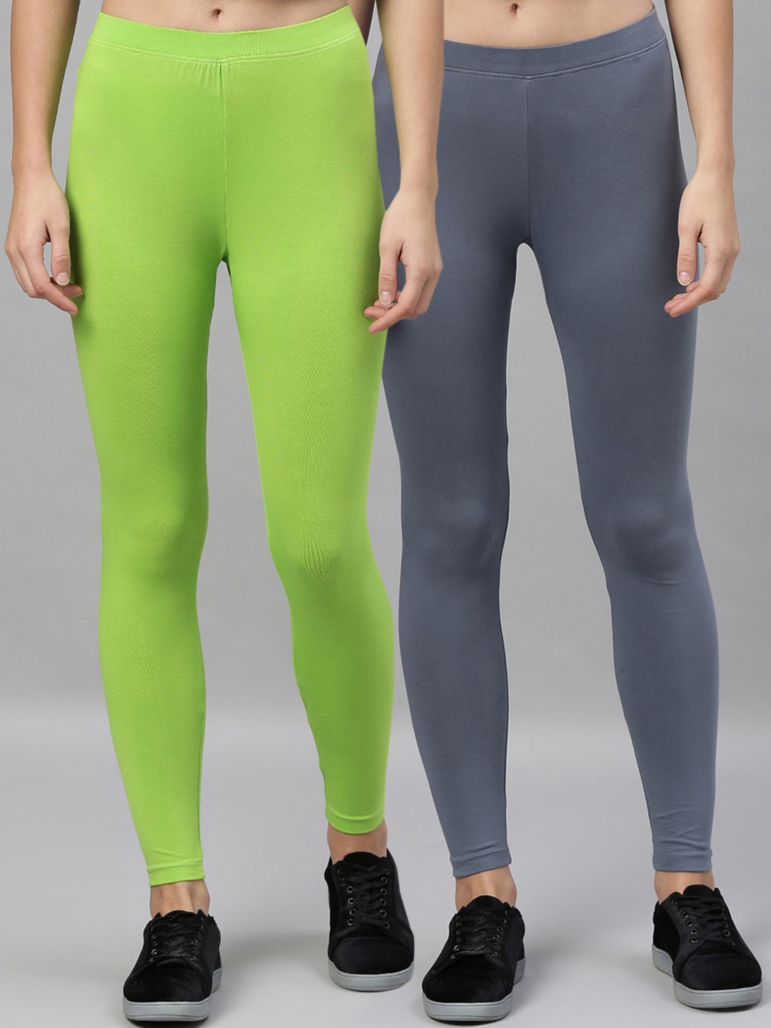 Kryptic Women Pack of 2 Solid Ankle-Length Leggings, Charcoal