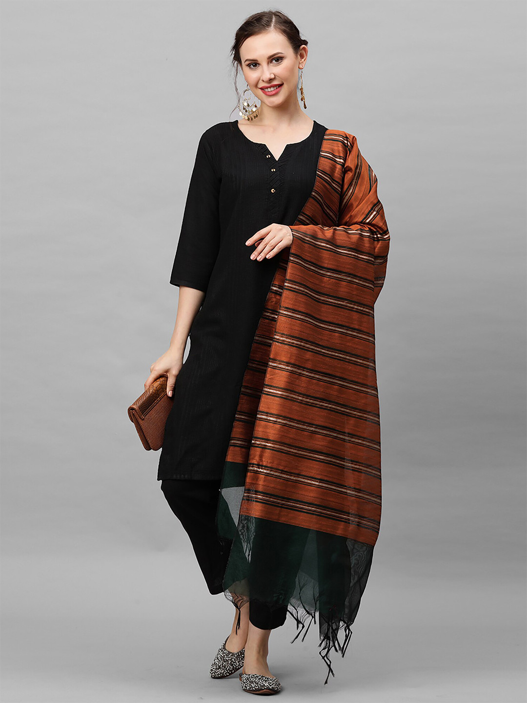 

Indo Era Brown & Green Woven Design Dupatta