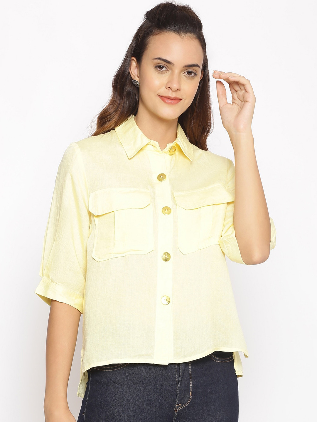 

Oxolloxo Women Yellow Regular Fit Solid Casual Shirt
