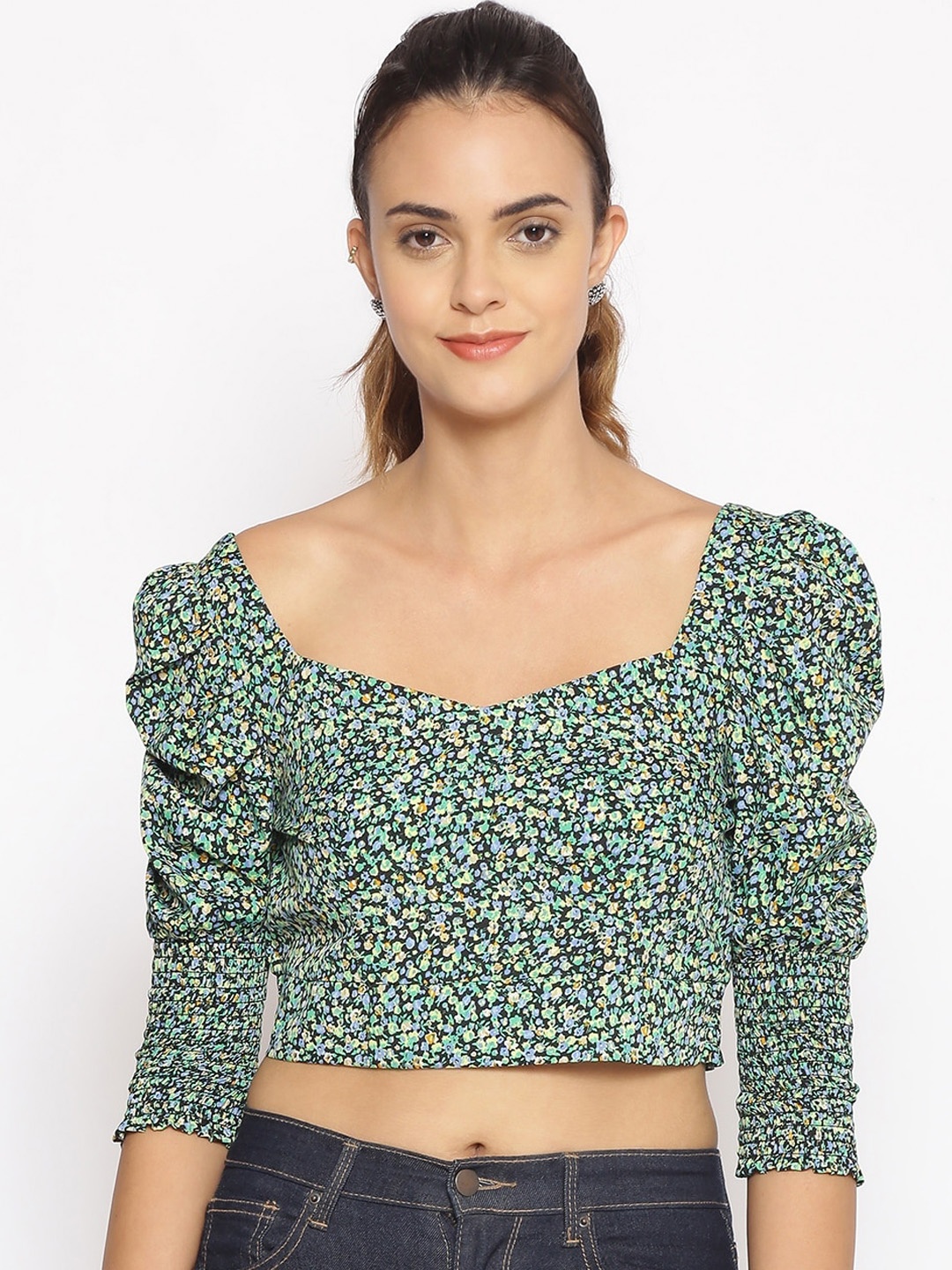 

Oxolloxo Multicoloured Floral Sweetheart Neck Regular Crop Top, Multi