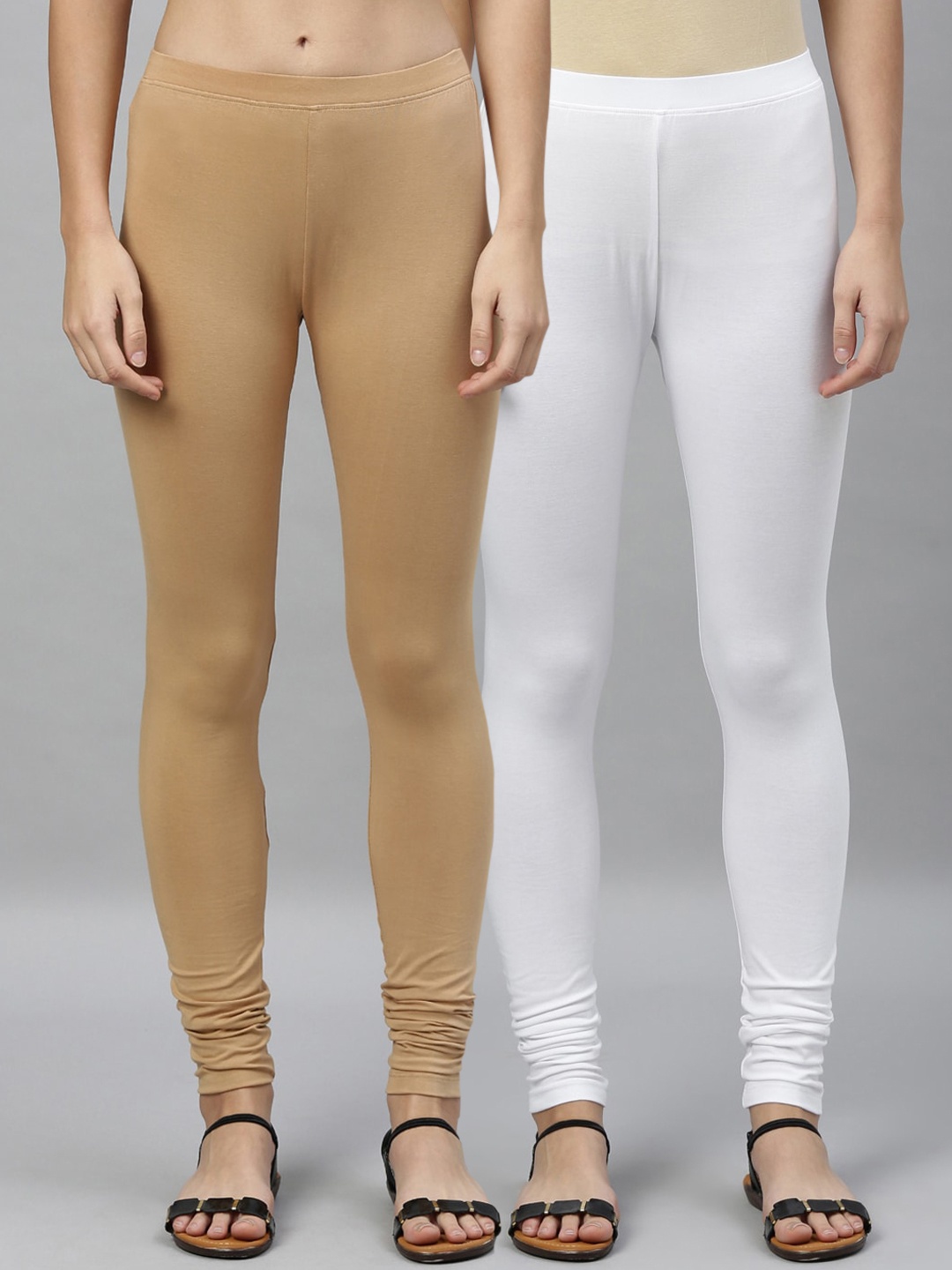 

Kryptic Women Pack of 2 Solid Churidar-Length Leggings, Beige