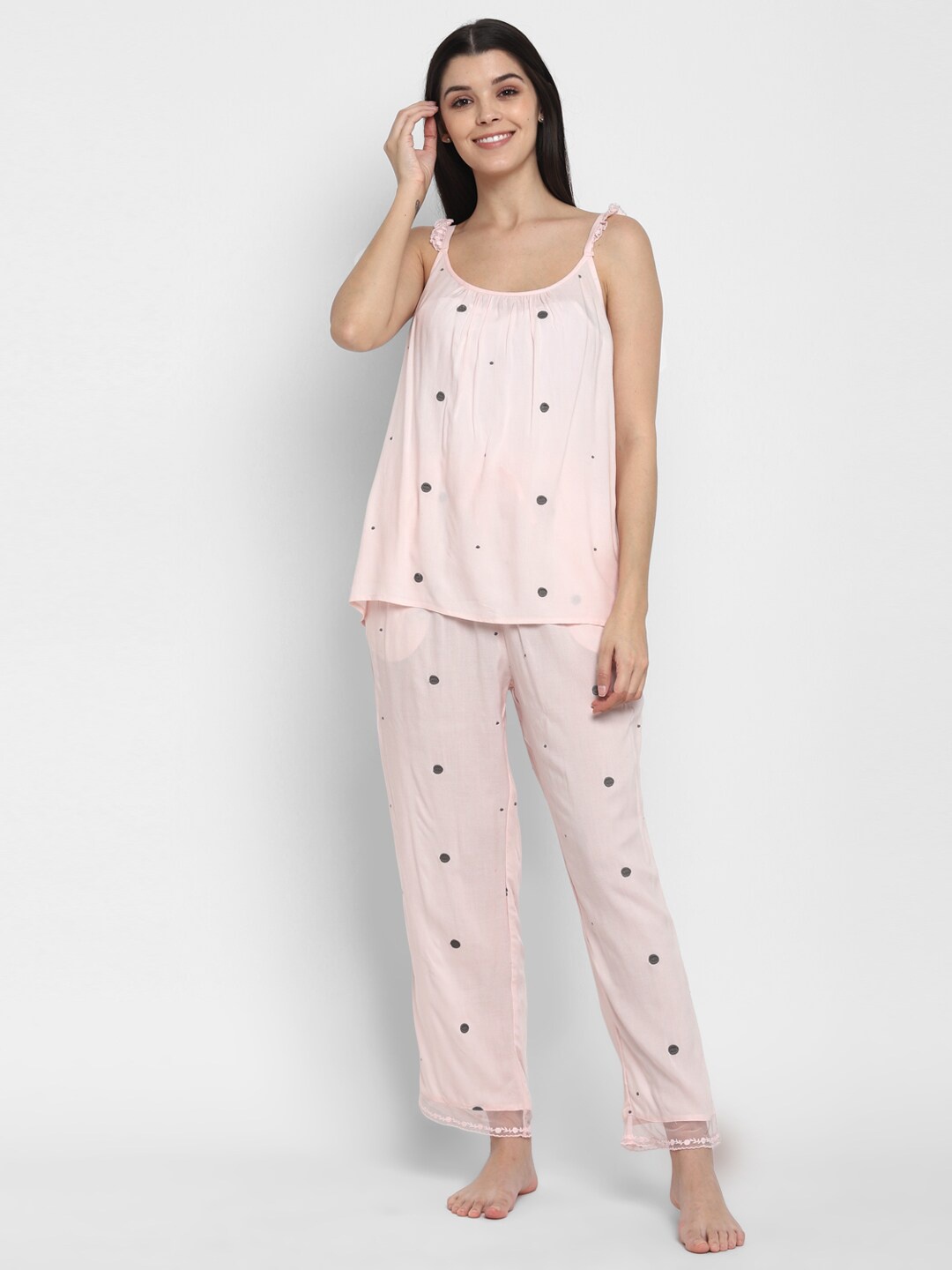 

BLANC9 Women Pink & Grey Polka Dot Embroidery Night suit
