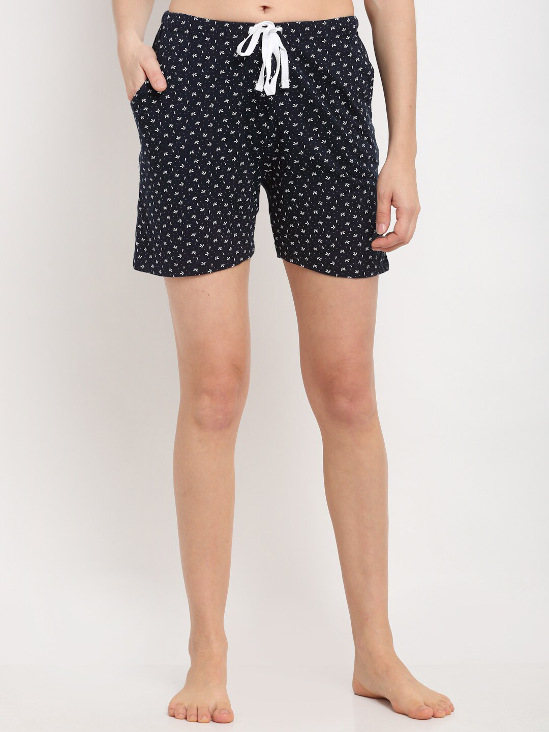 

Kanvin Women Black & White Printed Cotton Lounge Shorts