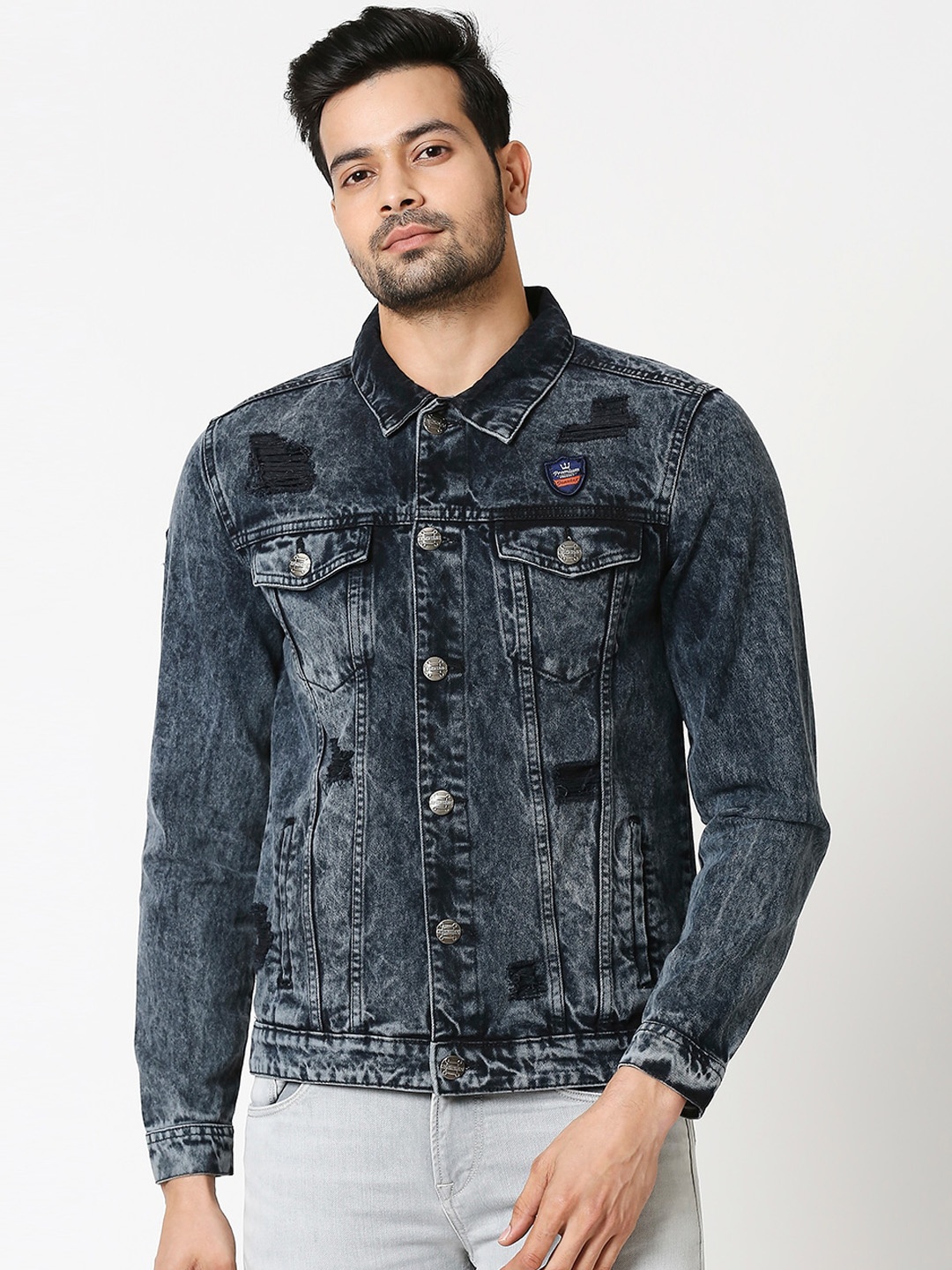 

High Star Men Charcoal Grey Solid Denim Jacket