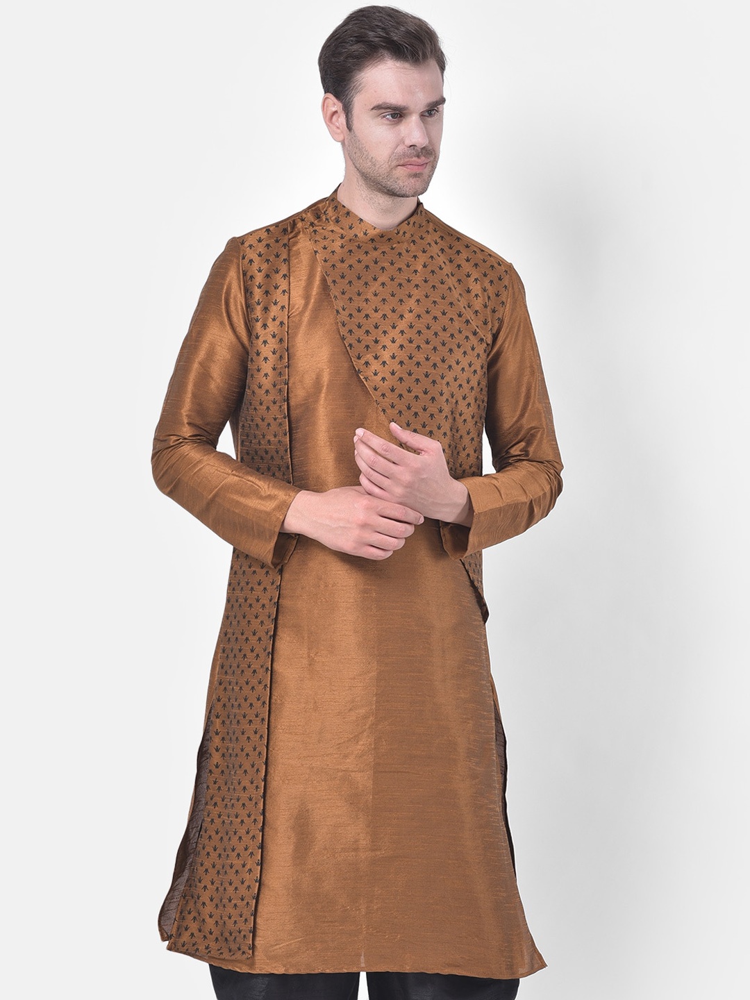 DEYANN Men Copper-Coloured Ethnic Motifs Printed Thread Work Kurta