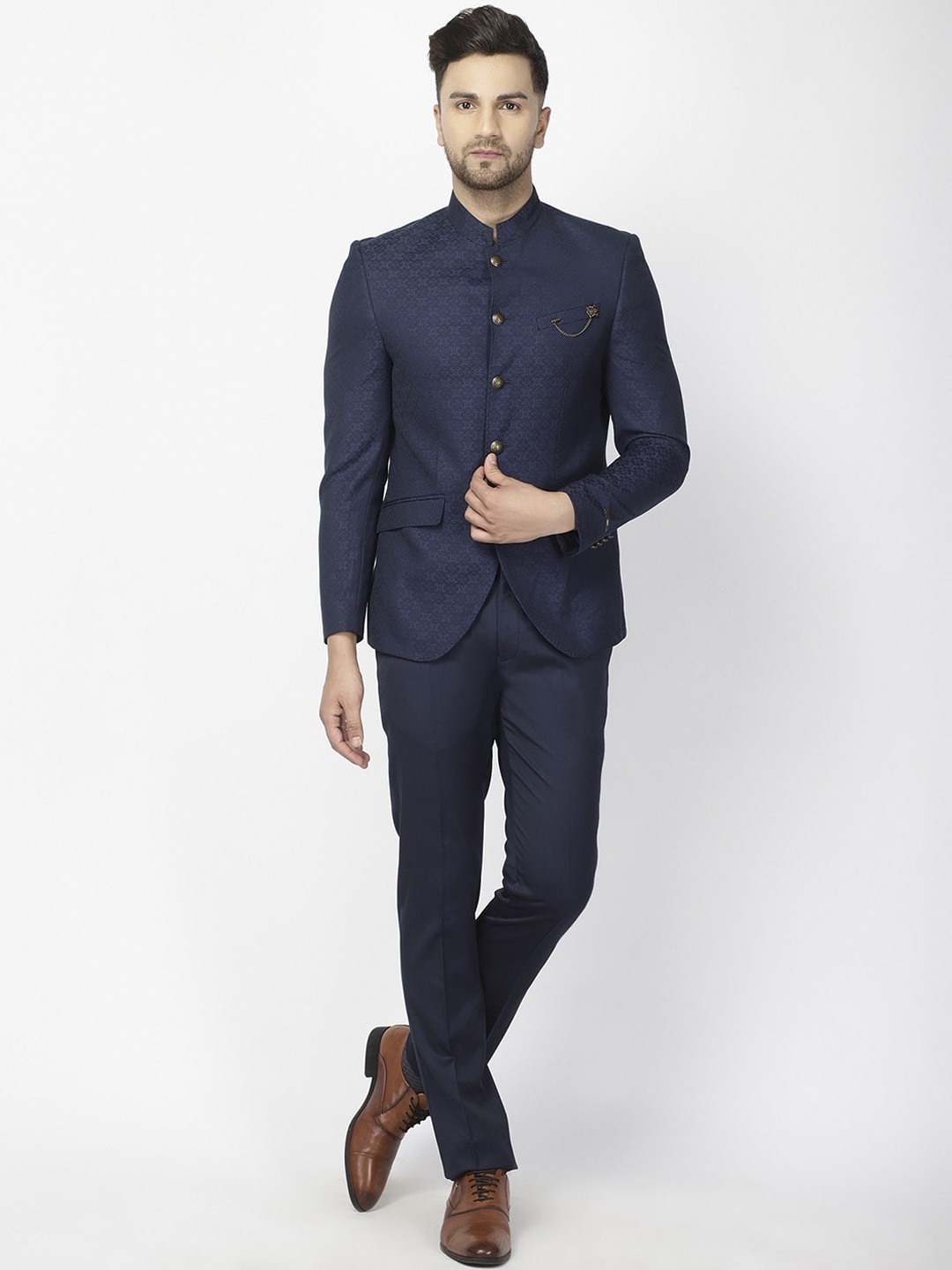 

Blackberrys Men Navy Blue Self-Design Slim-Fit Bandhgala Suit