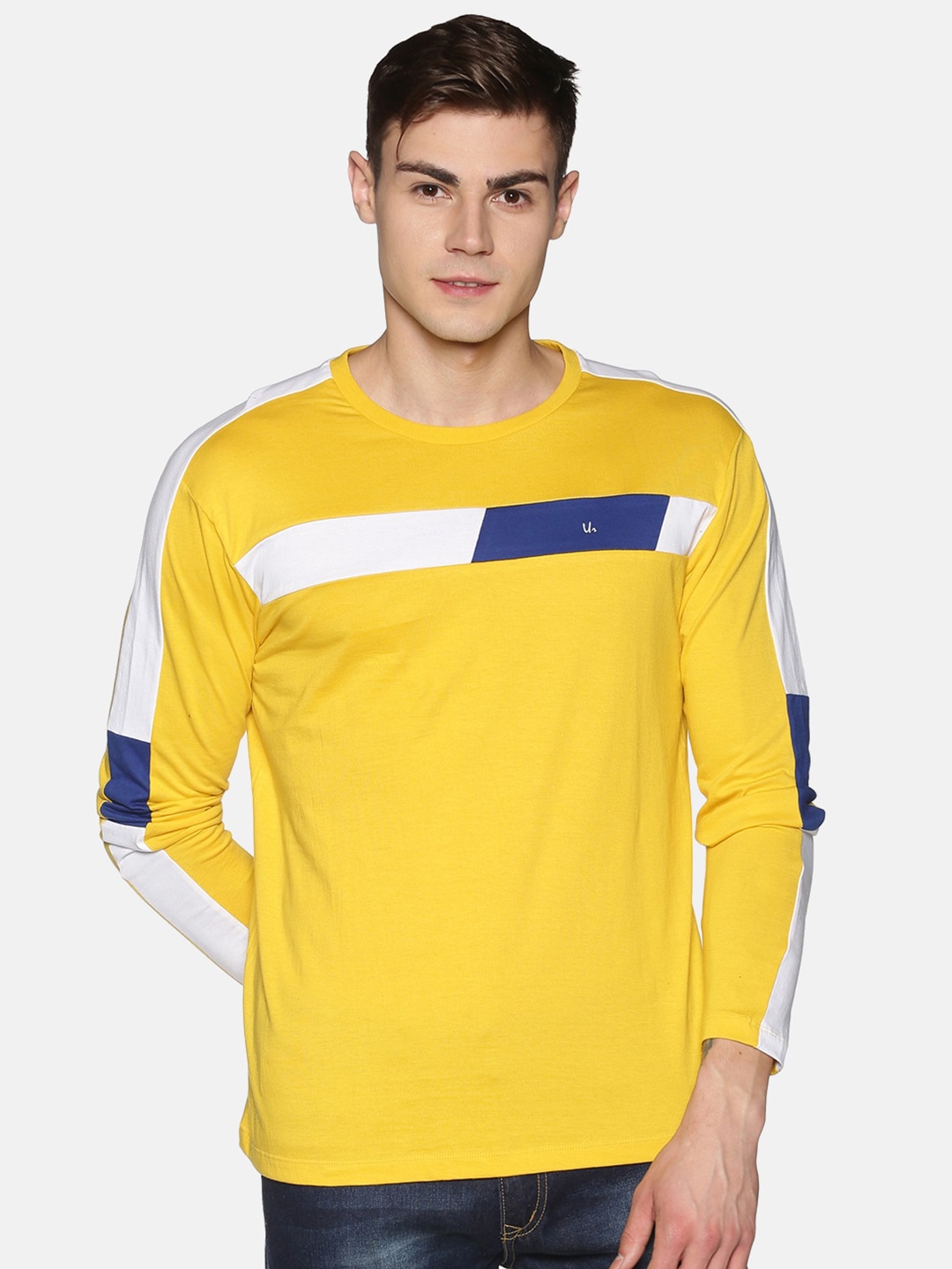 

UrGear Men Yellow Colourblocked Round Neck Cotton Pure Cotton T-shirt