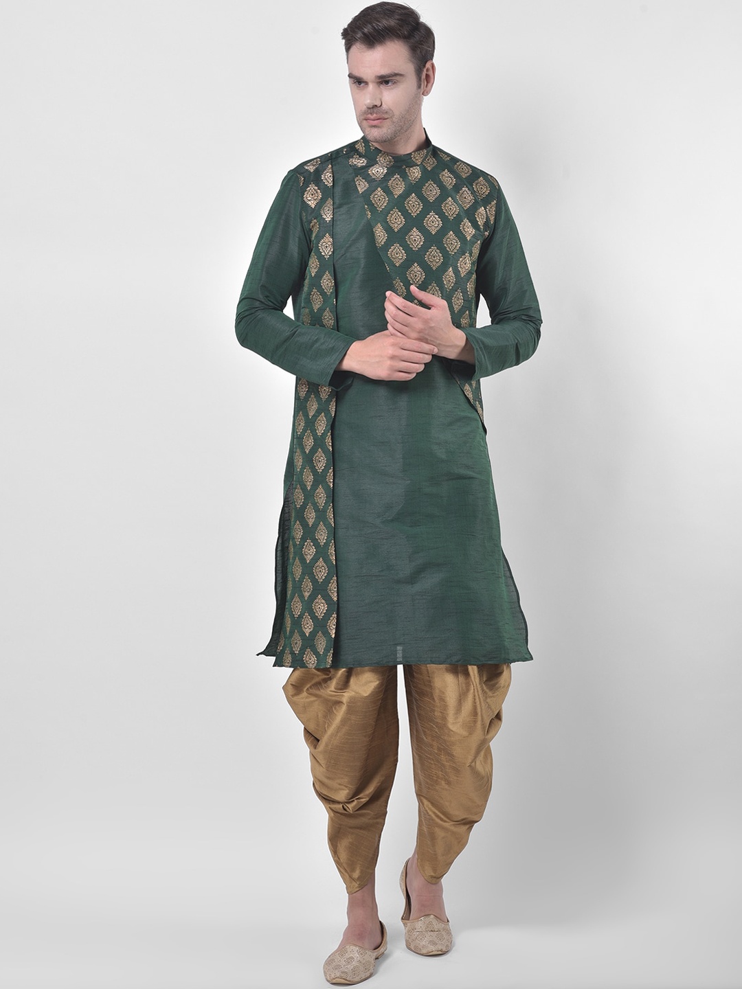 

DEYANN Men Green & Beige Ethnic Motifs Printed Layered Straight Dupion Silk Kurta &