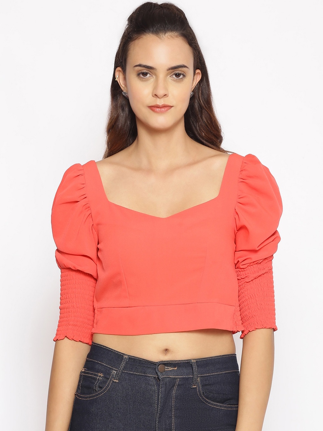 

Oxolloxo Orange Sweetheart Neck Regular Crop Top