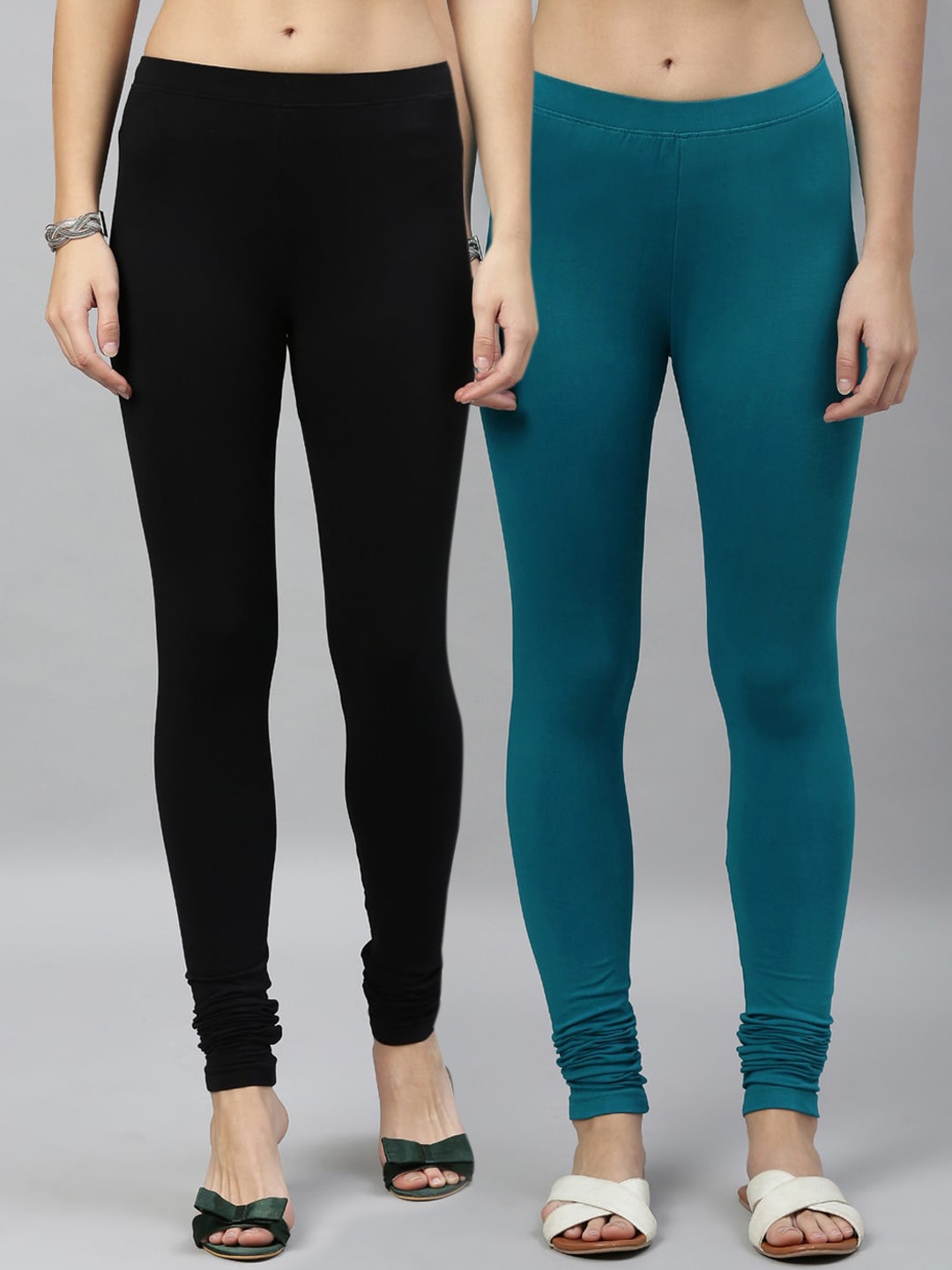

Kryptic Women Pack of 2 Solid Churidar-Length Leggings, Black