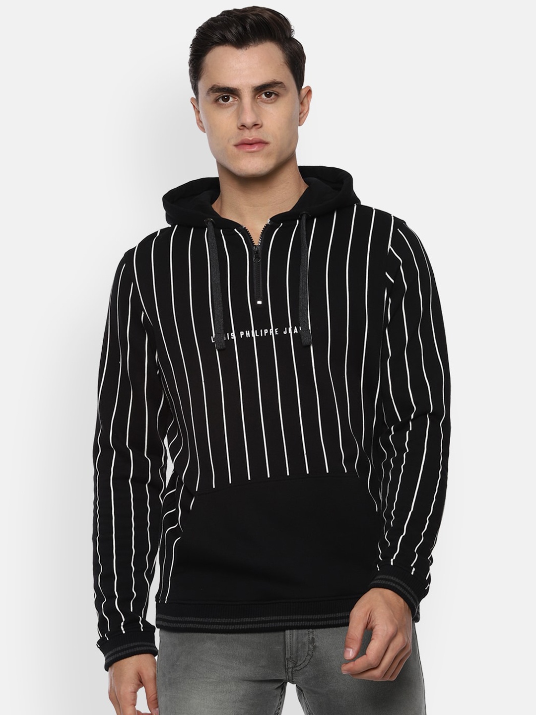 Louis Philippe Jeans Men Black & White Striped Pure Cotton Hooded Sweatshirt