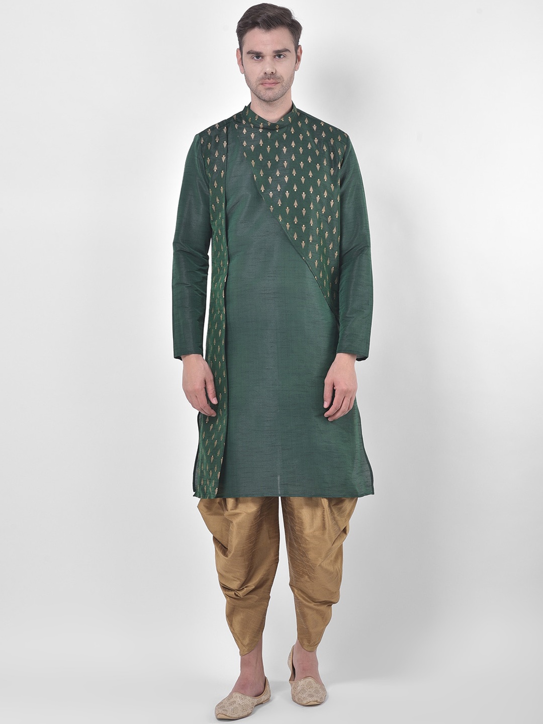 

DEYANN Men Green & Beige Ethnic Motifs Printed Layered Straight Dupion Silk Kurta &
