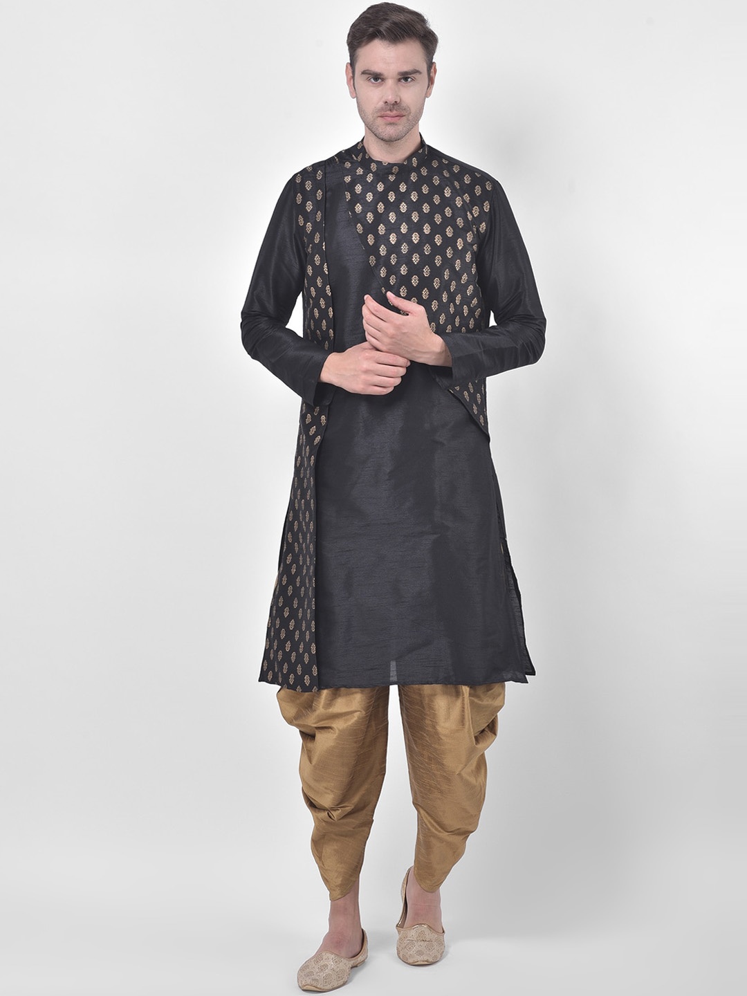 

DEYANN Men Black & Brown Regular Straight Dupion Silk Kurta & Dhoti Pants