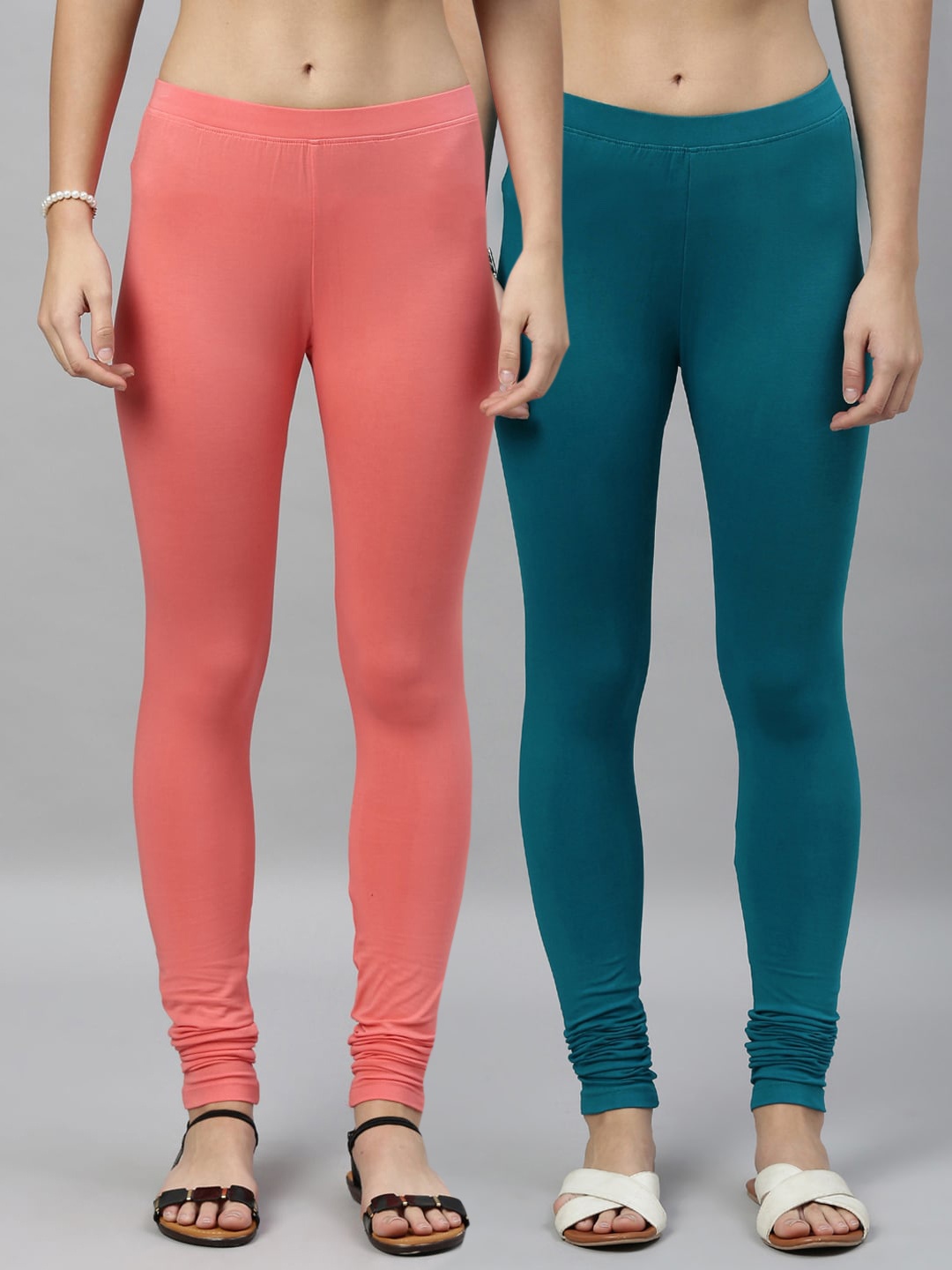 

Kryptic Women Pack of 2 Solid Churidar-Length Leggings, Peach