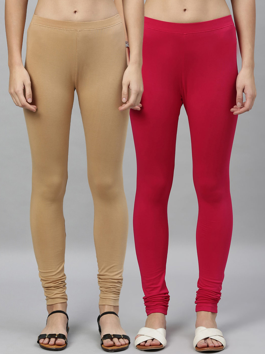 

Kryptic Women Pack of 2 Solid Churidar-Length Leggings, Beige