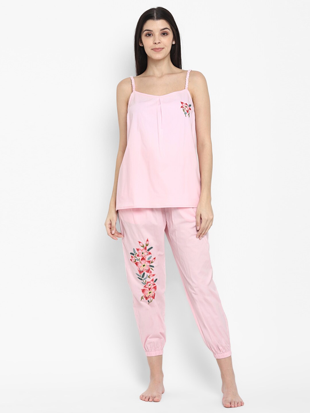 

BLANC9 Women Pink Floral Embroidered Detail Cotton Night Suit
