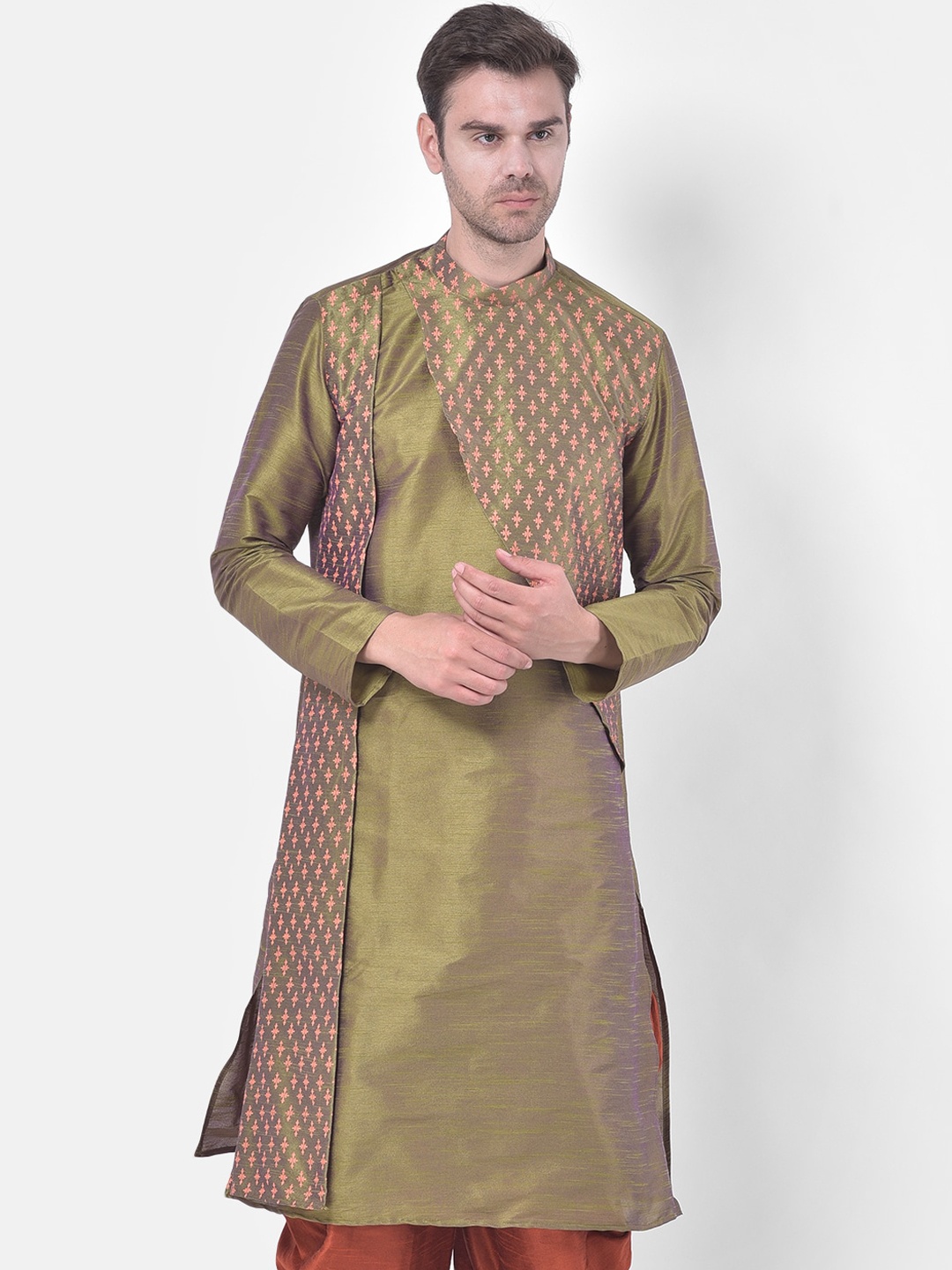 DEYANN Men Green & Pink Ethnic Motifs Printed Kurta