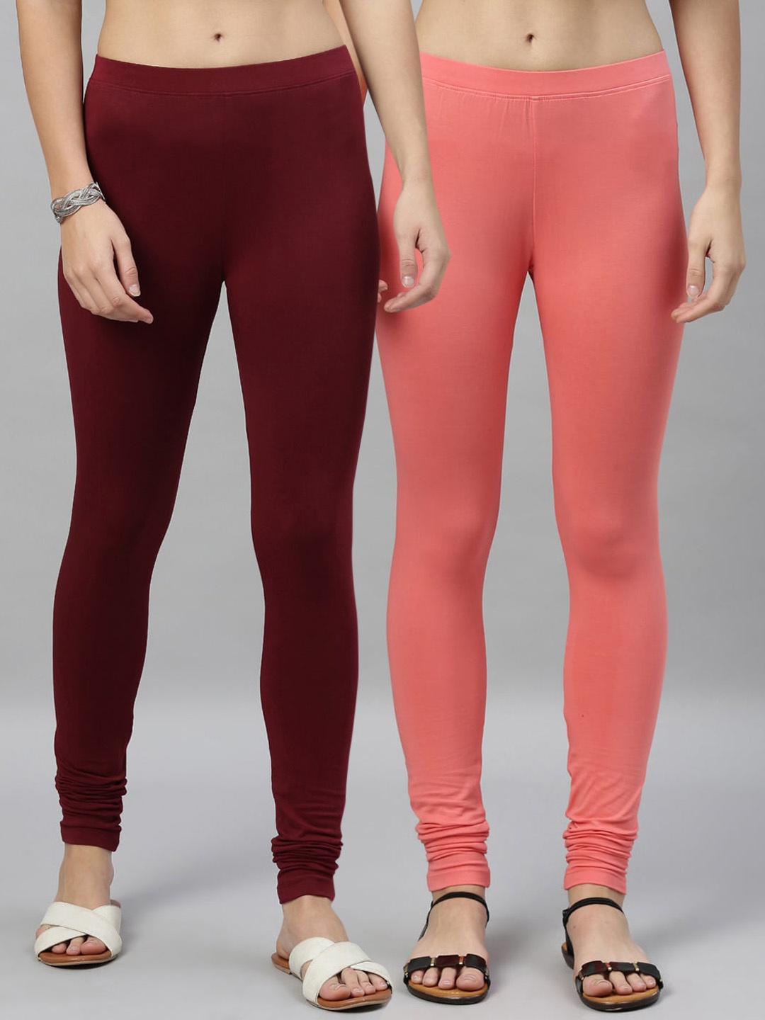 

Kryptic Women Pack of 2 Solid Churidar-Length Leggings, Peach