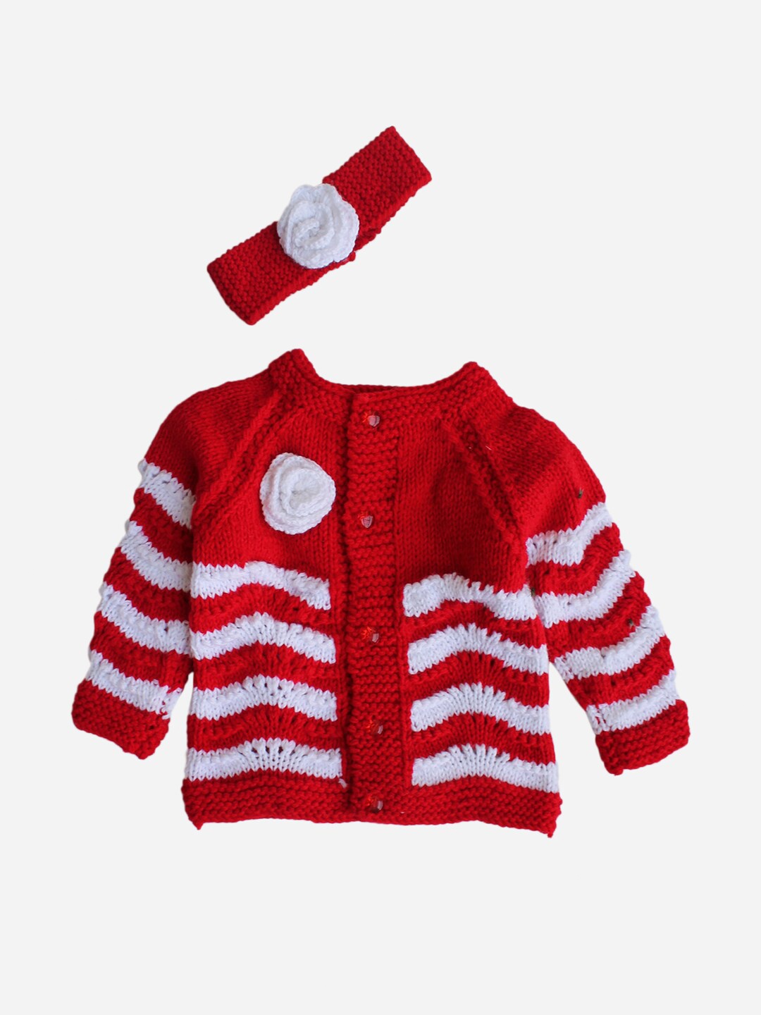 

Woonie Unisex Kids Red Striped Cardigan Sweater With Headband