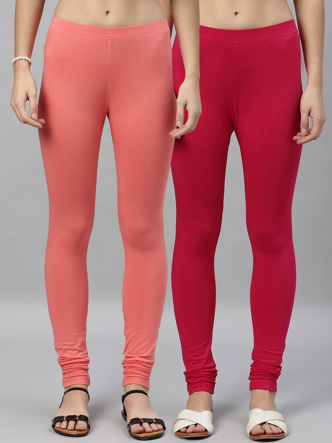 

Kryptic Women Pack of 2 Solid Churidar-Length Leggings, Peach