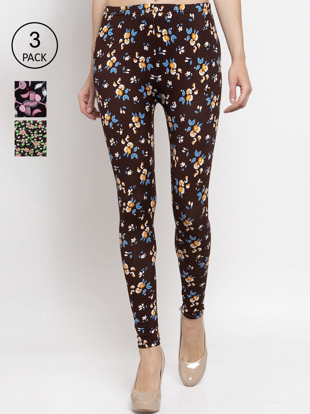 

KLOTTHE Women Pack Of 3 Floral Printed Churidar-Length Leggings, Black