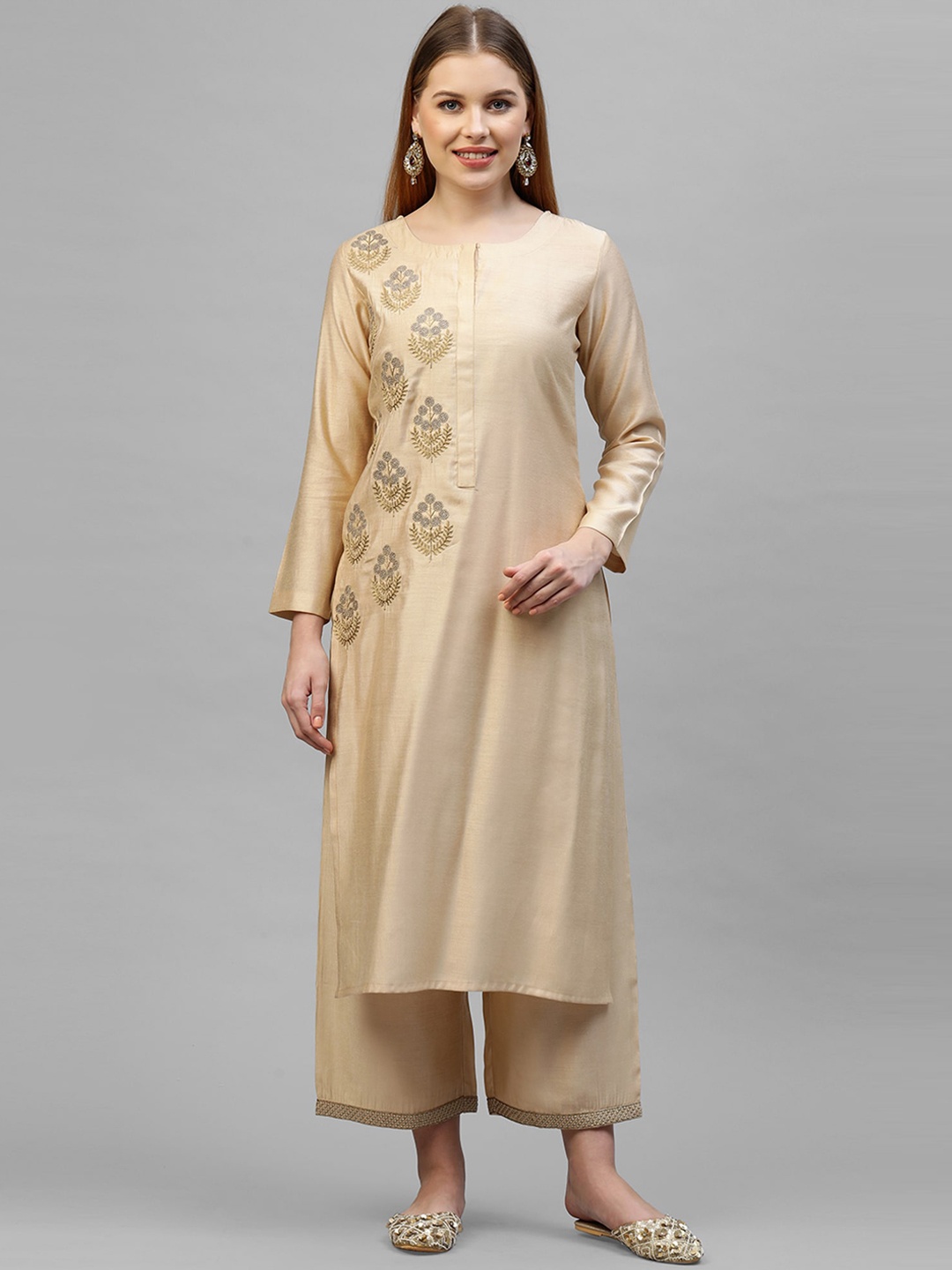 

Indo Era Women Beige Floral Embroidered Regular Straight Liva Kurta & Palazzos
