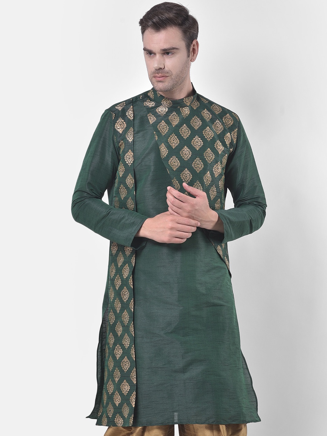 

DEYANN Men Green & Gold-Toned Ethnic Motifs Printed Kurta