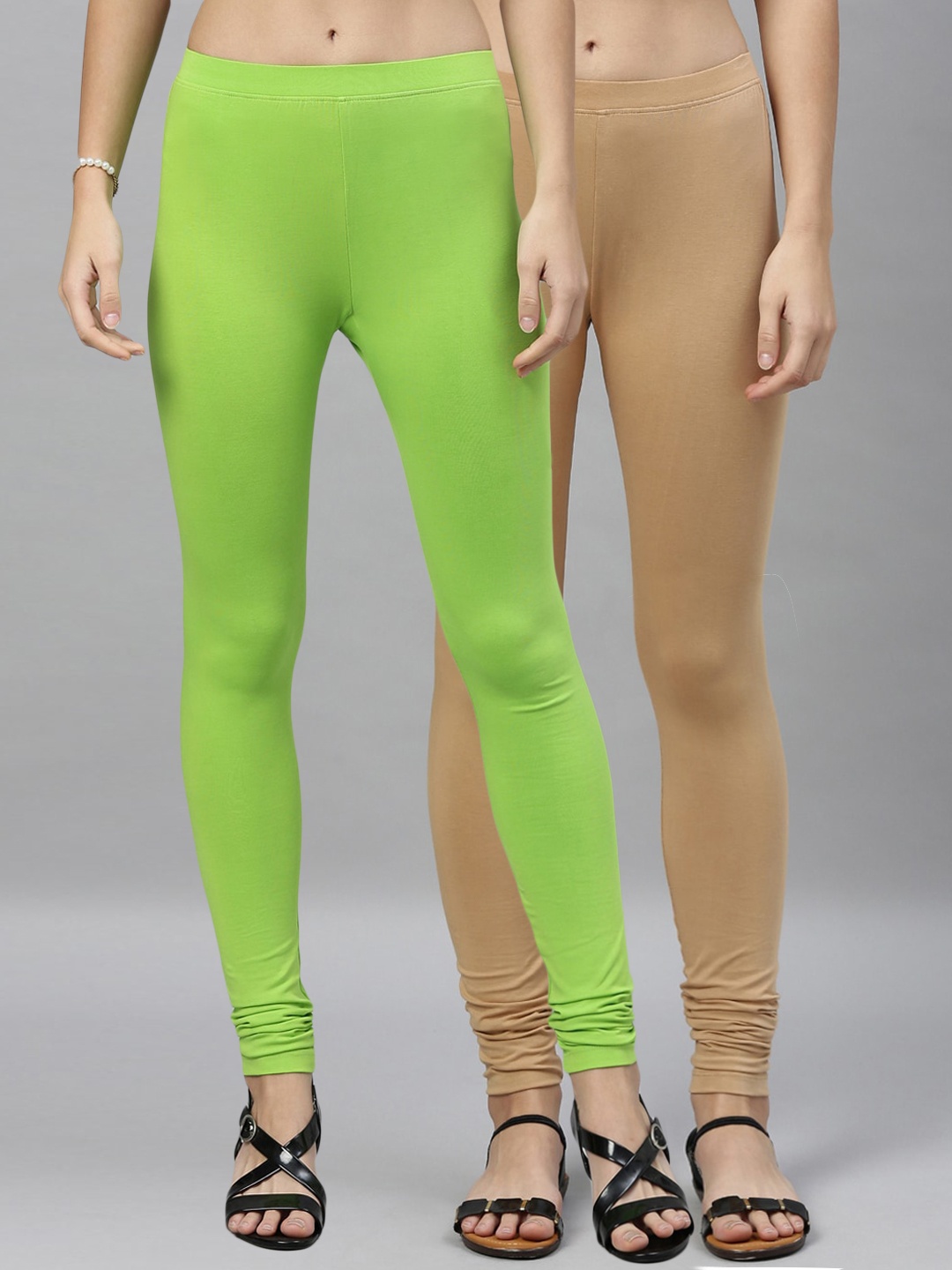 

Kryptic Women Pack of 2 Solid Churidar-Length Leggings, Beige