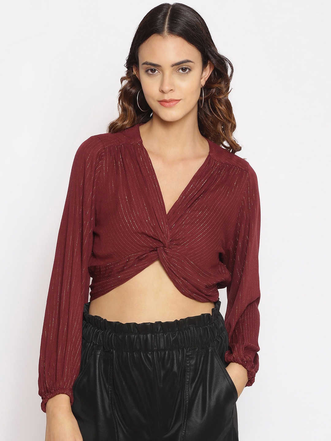 

Oxolloxo Maroon Striped Crepe Wrap Crop Top
