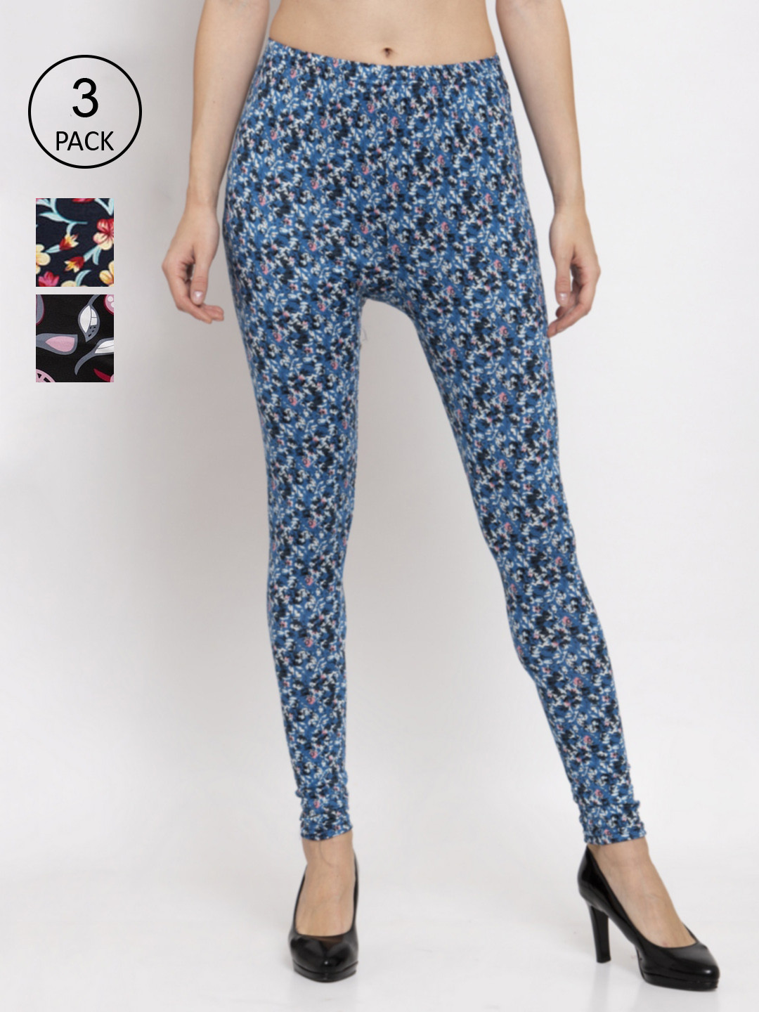

KLOTTHE Women Pack Of 3 Floral Printed Churidar Length Leggings, Blue